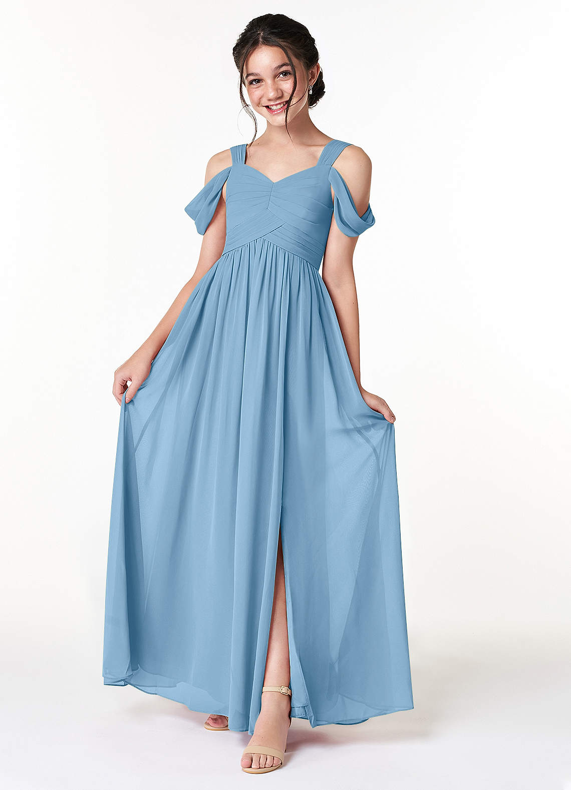 Azazie Lianne Junior Vestido de Azul Acero de Gasa de Corte En A con Vestidos sin tirantes image1