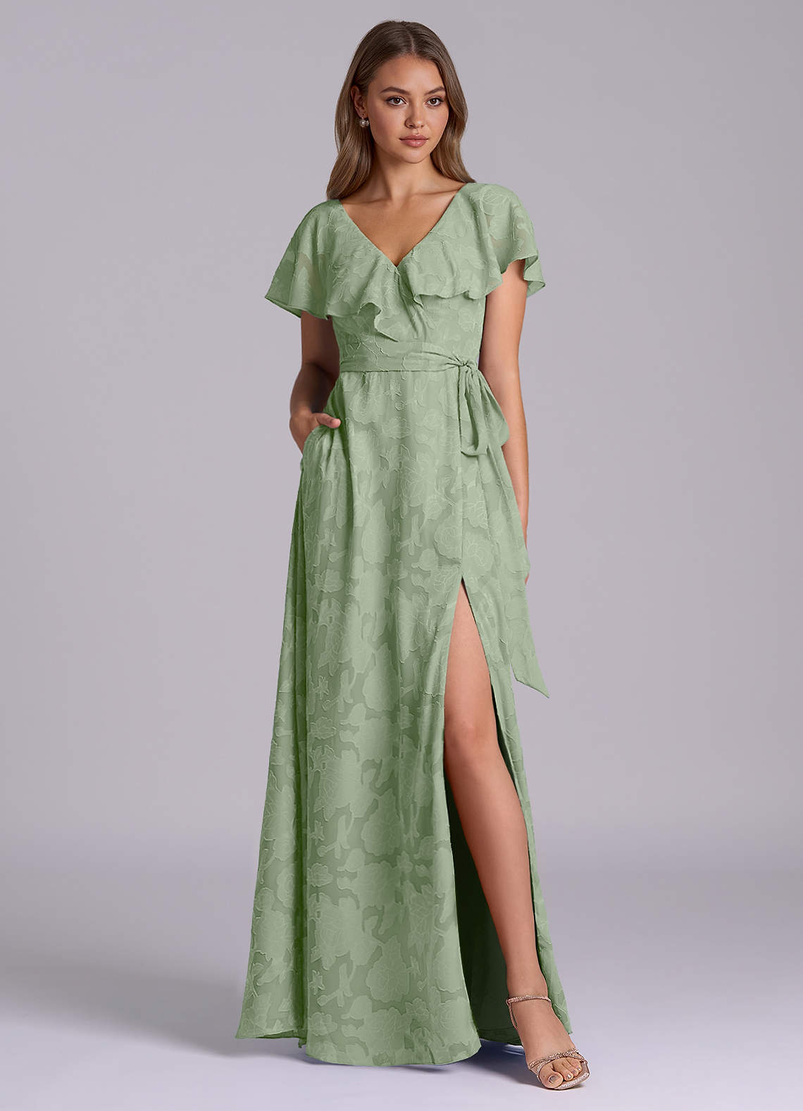 Azazie Lainey Morsiusneito Mekot A-linja taskuilla Floral Burnout Lattian pituus Pukeutua image2