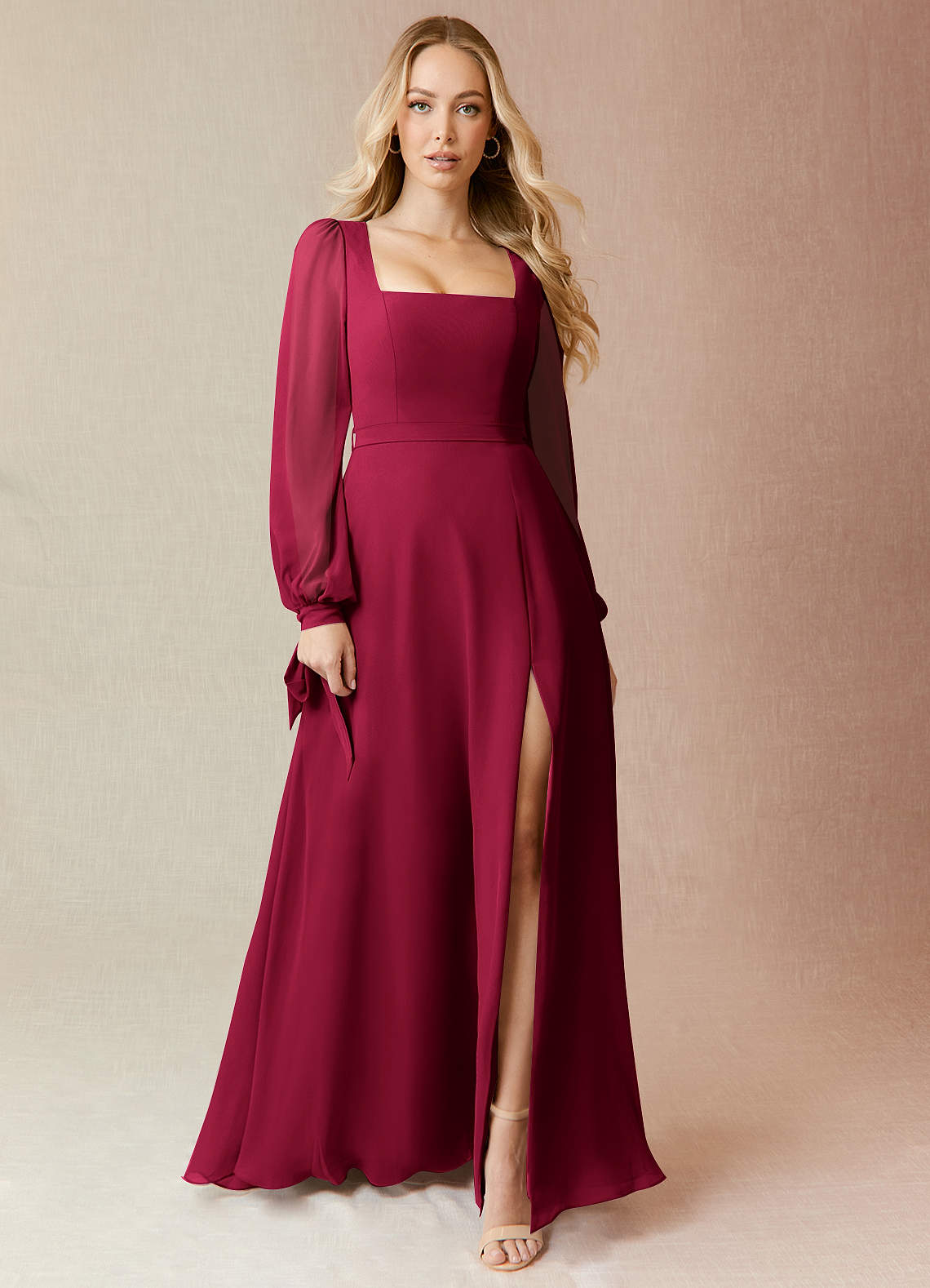 Azazie Leonia Bridesmaid Dresses Burgundy A-Line Long Sleeve Chiffon Dress image2