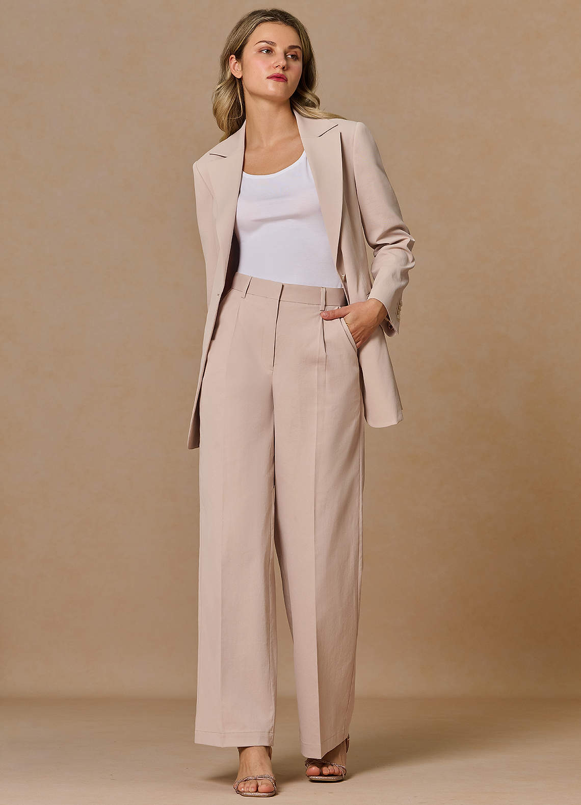 front Margaret Tan Cotton Linen Blend 2-Piece Suit