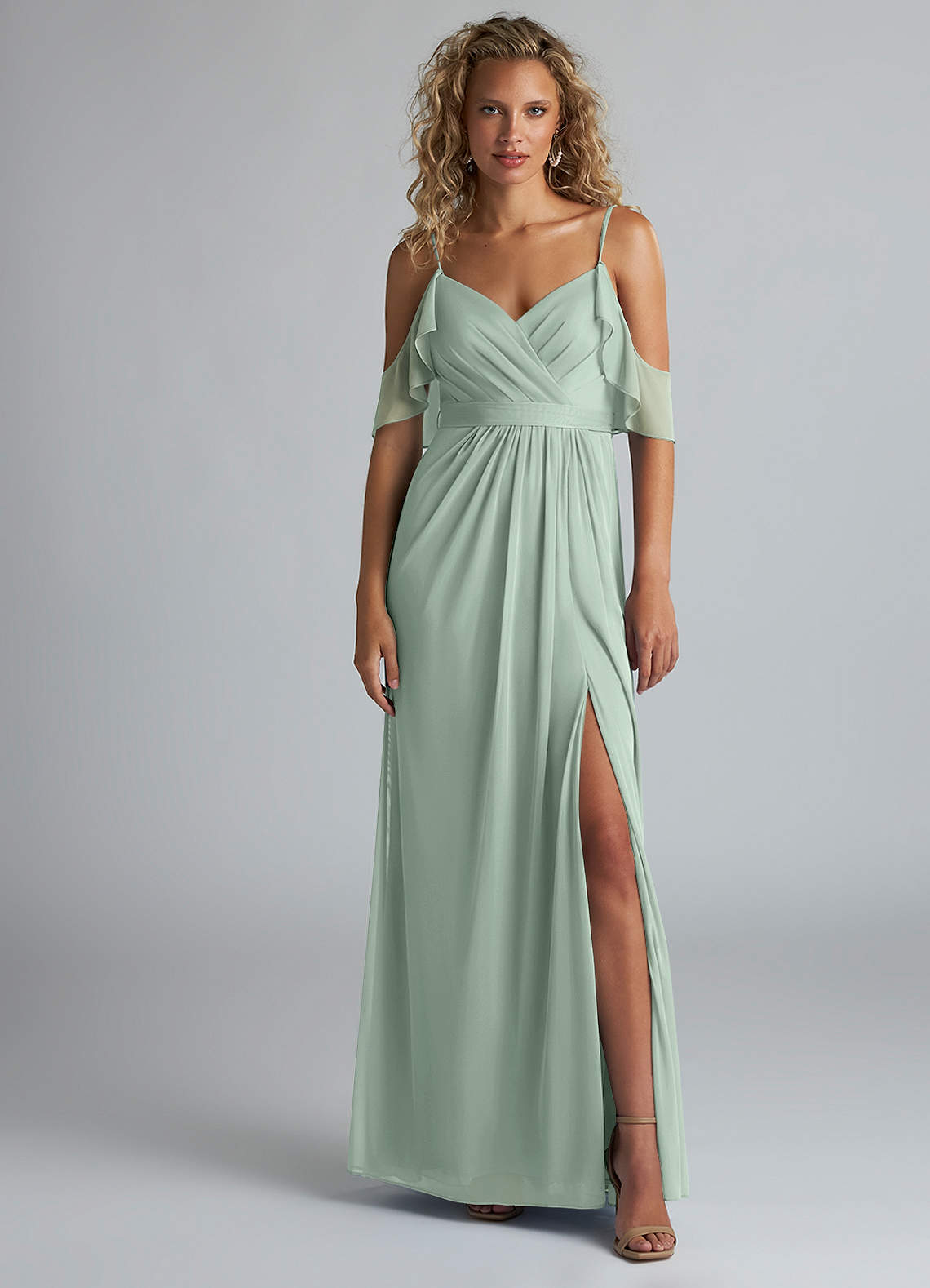 Azazie Fiena Bridesmaid Dresses Agave A-Line V-neck Ruched Mesh Dress image1