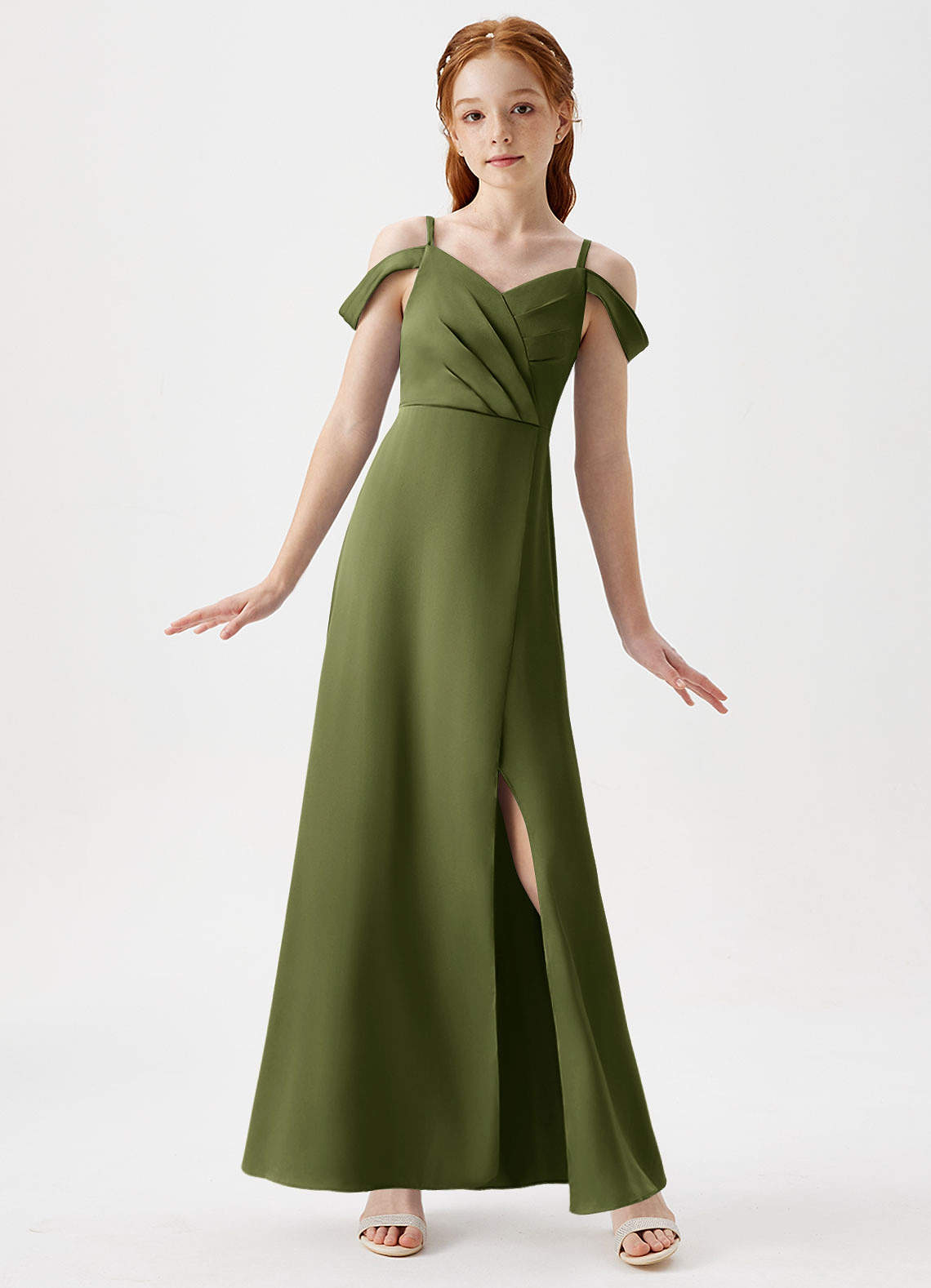 Azazie Ocean Junior Olive A-Line Off the Shoulder Stretch Satin Dress image1