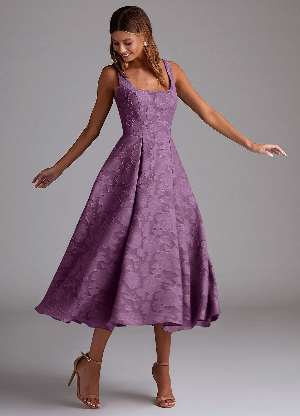 Azazie Amalie Bridesmaid Dresses Wisteria A-Line Pleated Floral Burnout Dress image2