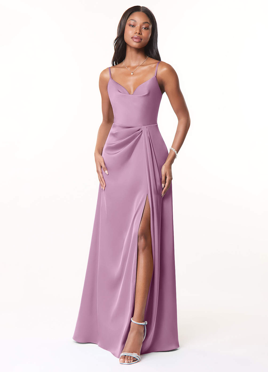 Azazie Brielle Bridesmaid Dresses Wisteria A-Line Cowl Spaghetti Straps Stretch Satin Dress image1