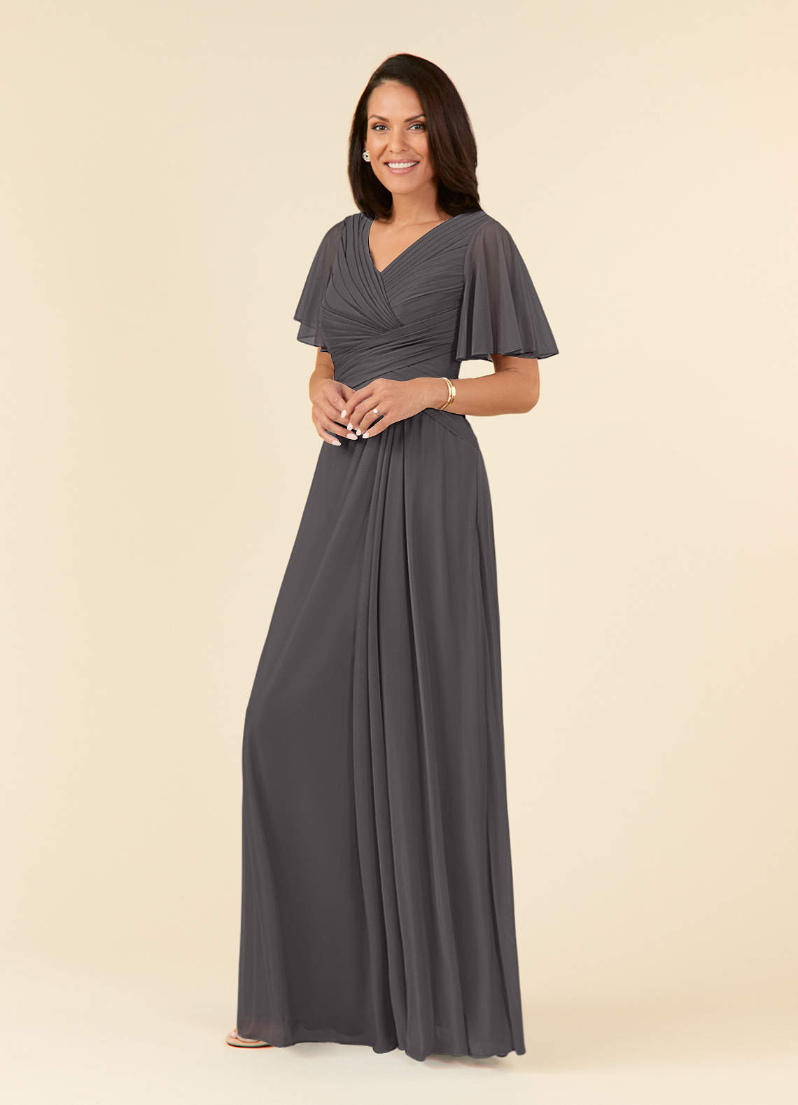 Azazie Emmeline Mother of the Bride Dresses Steel Grey A-Line V-Neck Pleated Mesh Dress image2