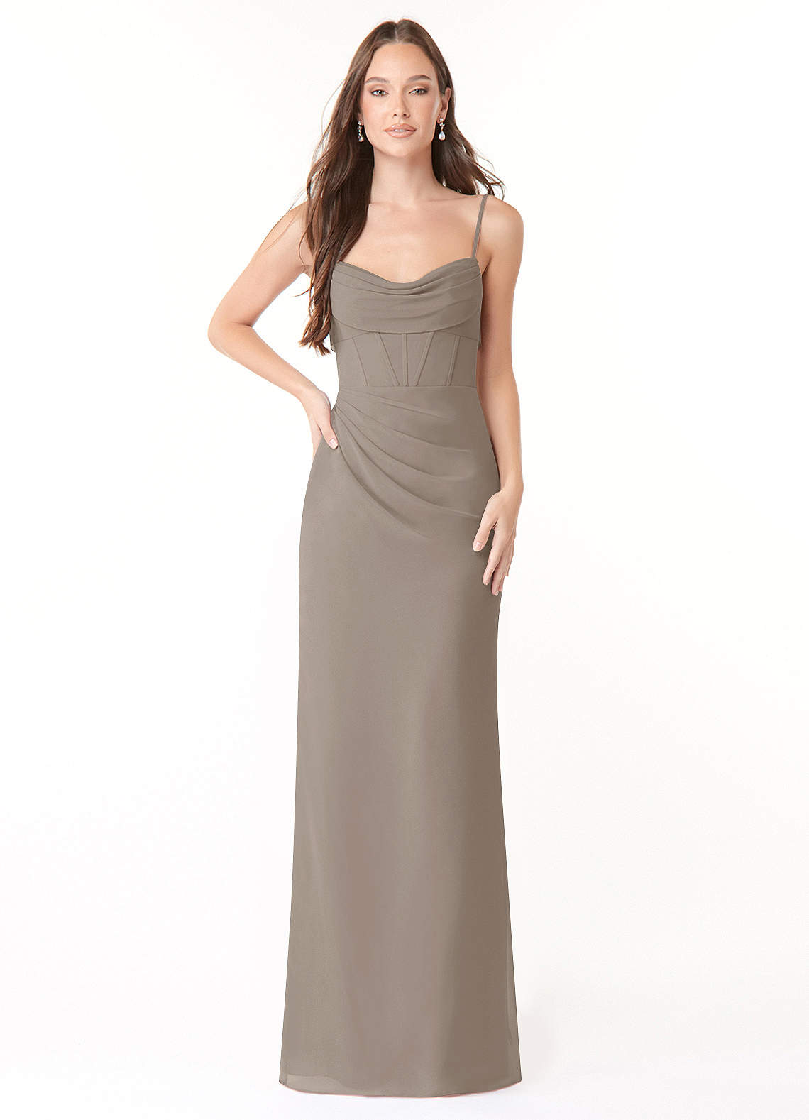 Azazie Mai Bridesmaid Dresses Taupe Sheath Pleated Chiffon Dress image1
