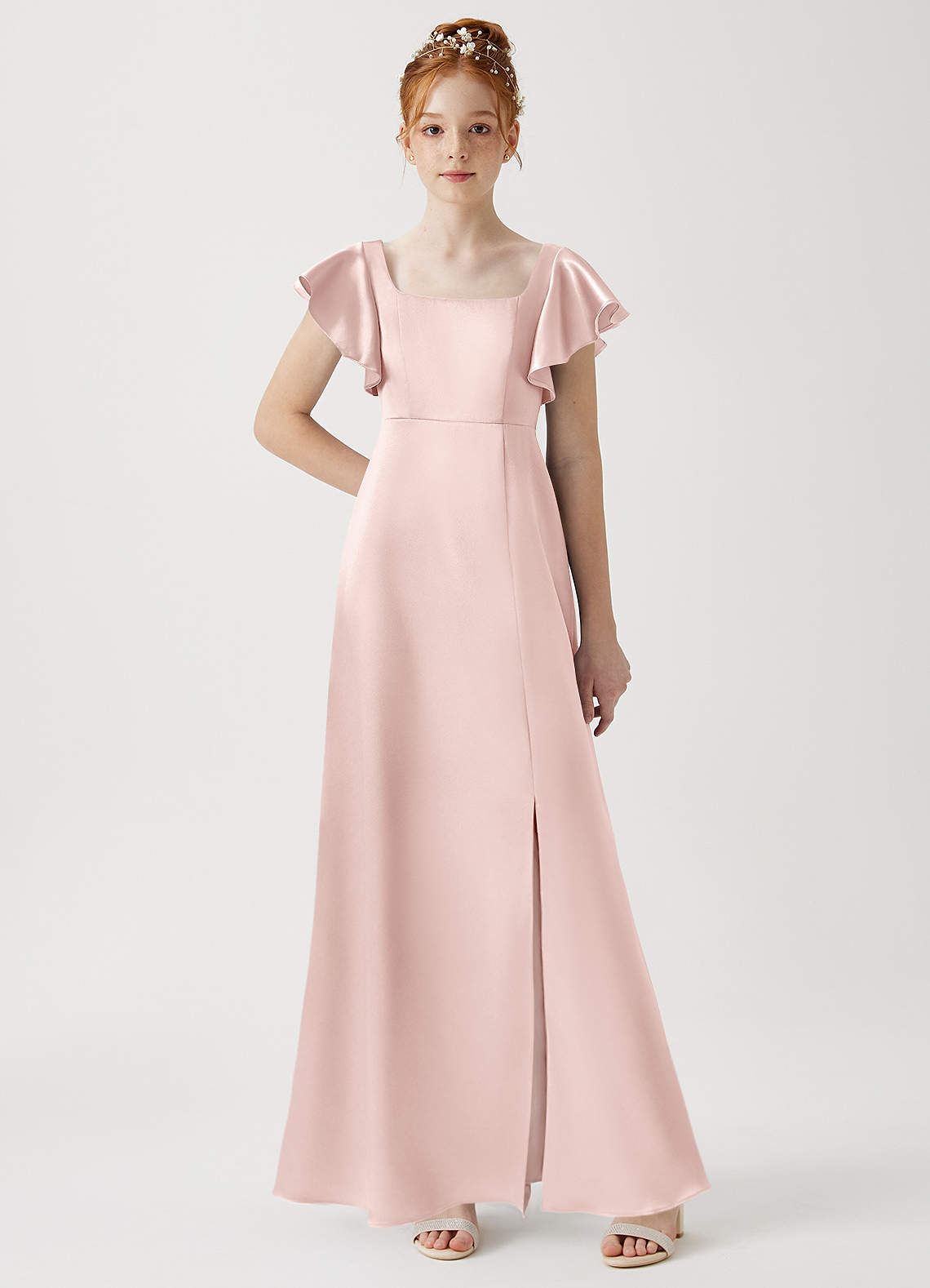 Azazie Bondi Junior Blushing Pink A-Line Side Slit Metallic Satin Dress image1