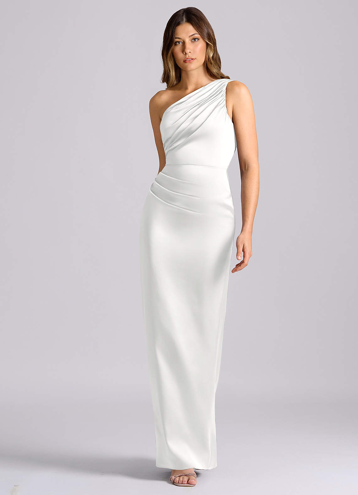 Azazie Akilah Jurken voor bruidsmeisjes Jurk van Stretch Satijn met Zeemeermin One-shoulder Wit image3