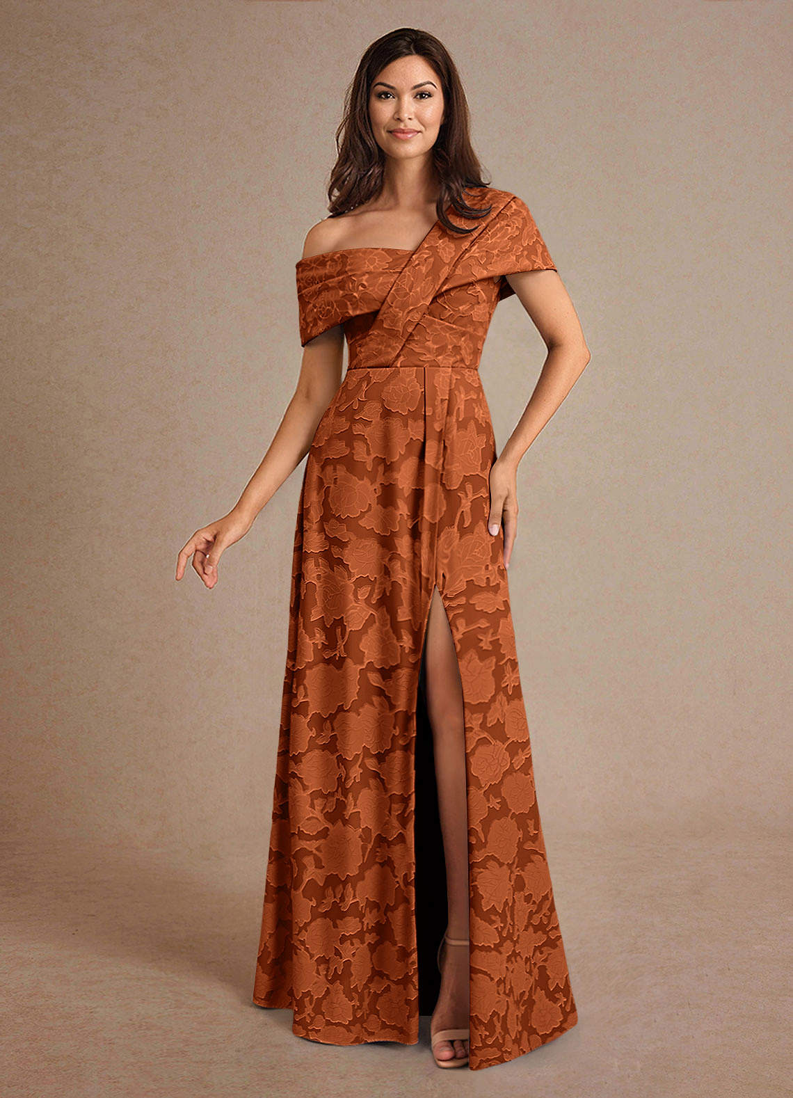 Azazie Milton Mother of the Bride Dresses Burnt Orange A-Line Pleated Floral Burnout Dress image1
