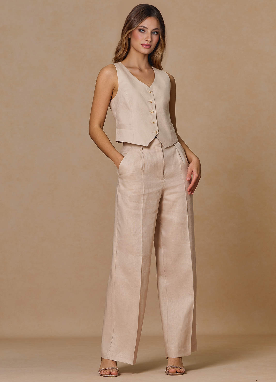 front Belicia Tan 100% Linen 2-Piece Suit