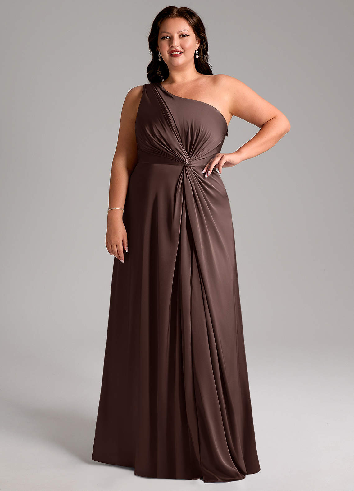 Azazie Brooke Bridesmaid Dresses Ganache A-Line One Shoulder Stretch Satin Dress image9