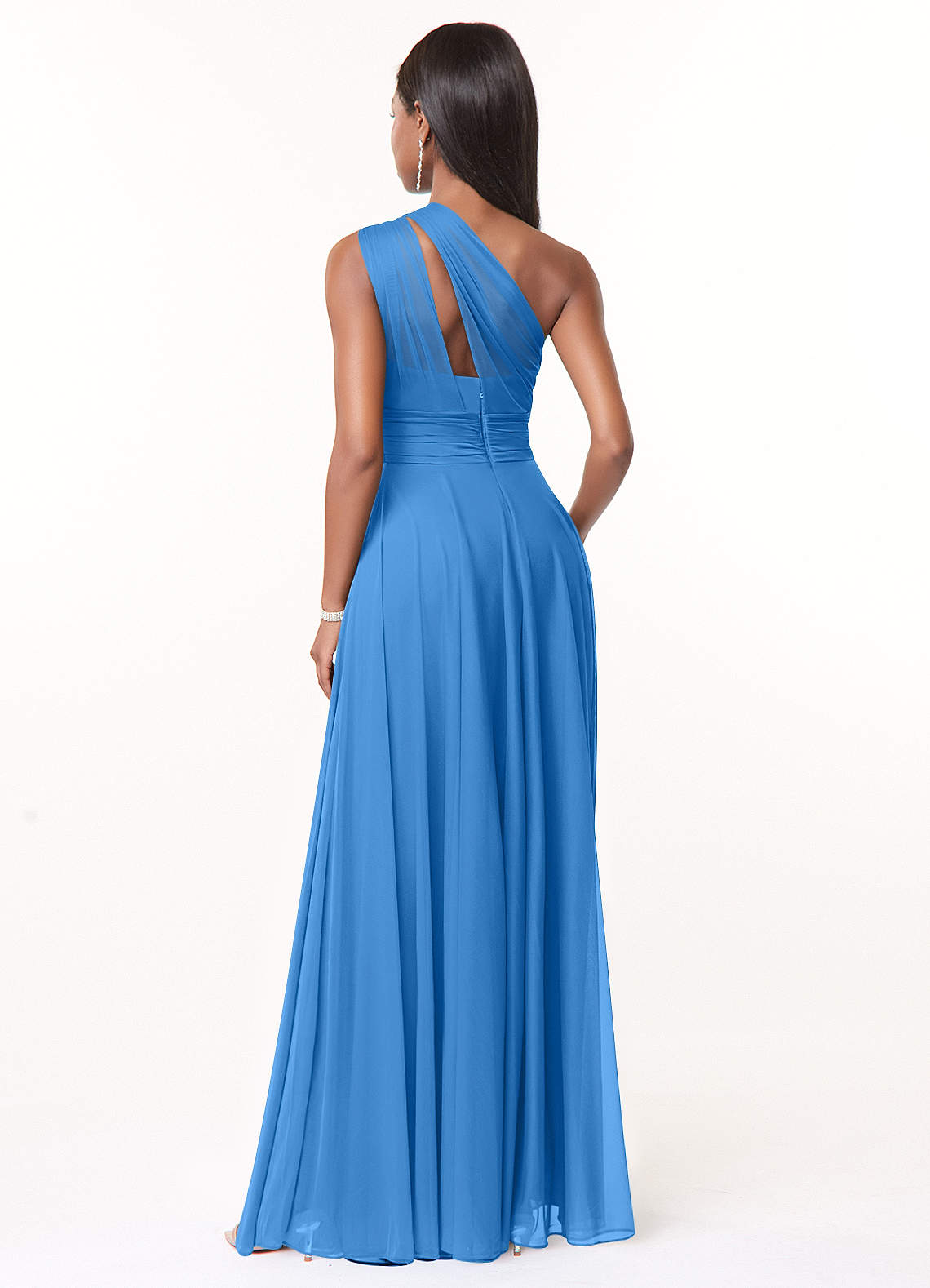 Azazie Charlize Vestidos de damas de honor Vestido de Azul Grisaceo de Malla de Corte en A con Hombro unilateral image1
