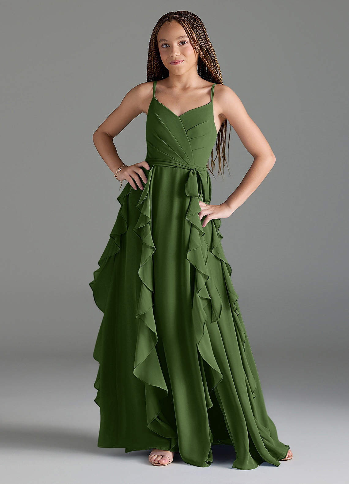 Azazie Peyton Junior Olive A-Line V-Neck Cascading Ruffles Chiffon Dress image1