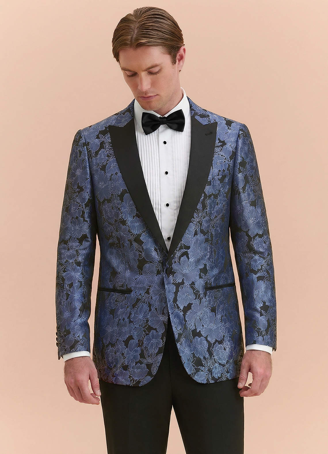 front Samuel Dusty Blue Floral Jacquard Peak Lapel Tuxedo Jacket