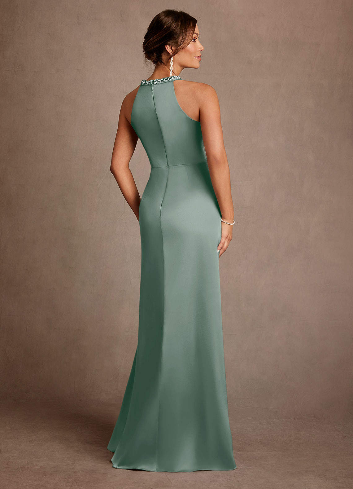 Azazie Lawrence Mother of the Bride Dresses Silver Sage A-Line Pleated Stretch Satin Dress image2