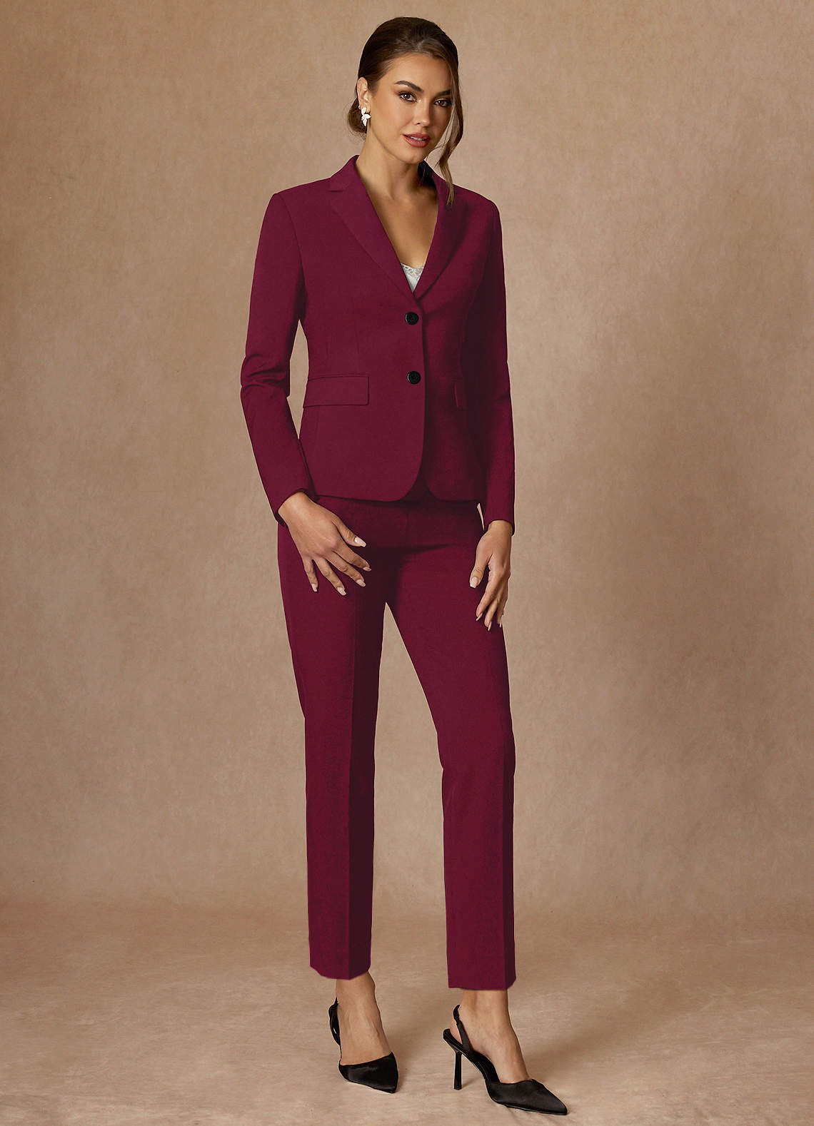 front Whitney Burgundy Structured Stretch Full Length Pants Suit