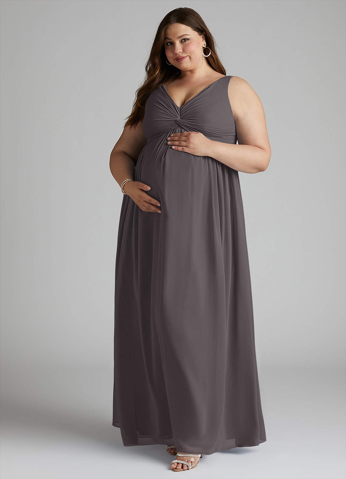 Azazie Yetta Maternity Bridesmaid Dresses A-Line V-Neck Gathered Chiffon Floor-Length Dress image8