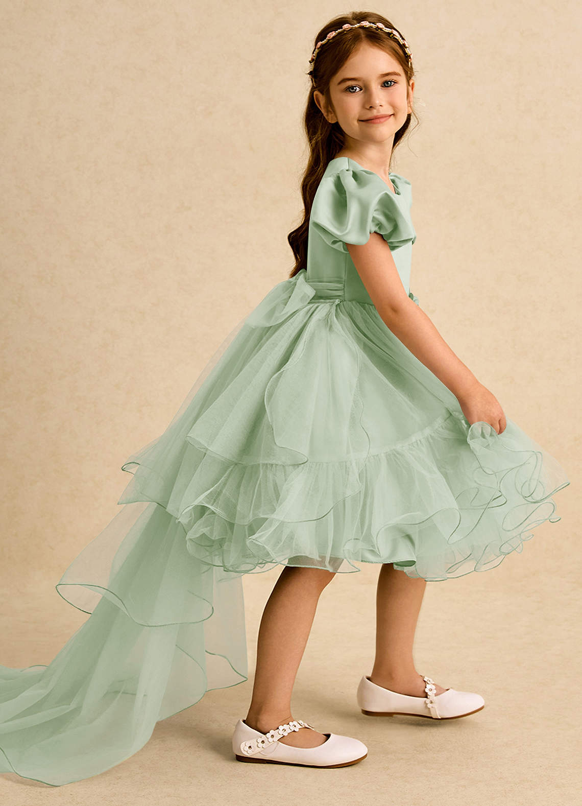 Azazie Cocoa Abiti da Ragazza di Fiori Abito Principessa in Tulle Plissettato Verde Salvia image1