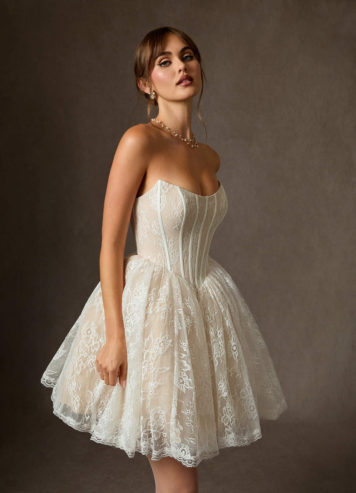 Azazie Clover At-home Try On Dresses Diamond White Champagne Ball-Gown Strapless Lace Dress image1