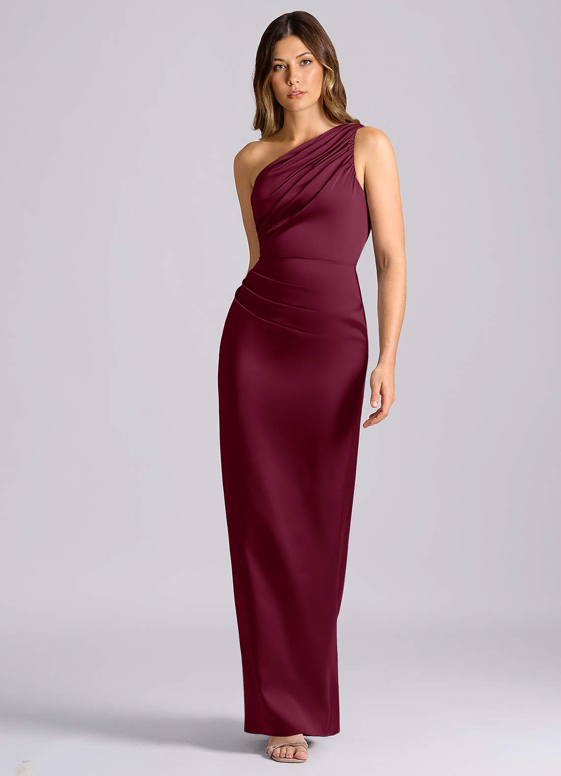 Azazie Akilah Bridesmaid Dresses Mulberry Mermaid One Shoulder Stretch Satin Dress image3