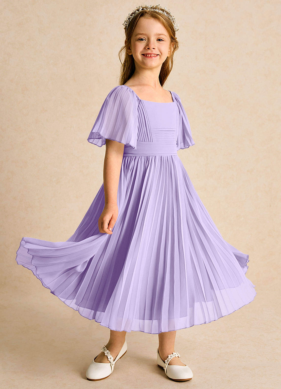 Azazie Gisele Abiti da Ragazza di Fiori Abito A-Line in Chiffon Plissettato Lilla image1