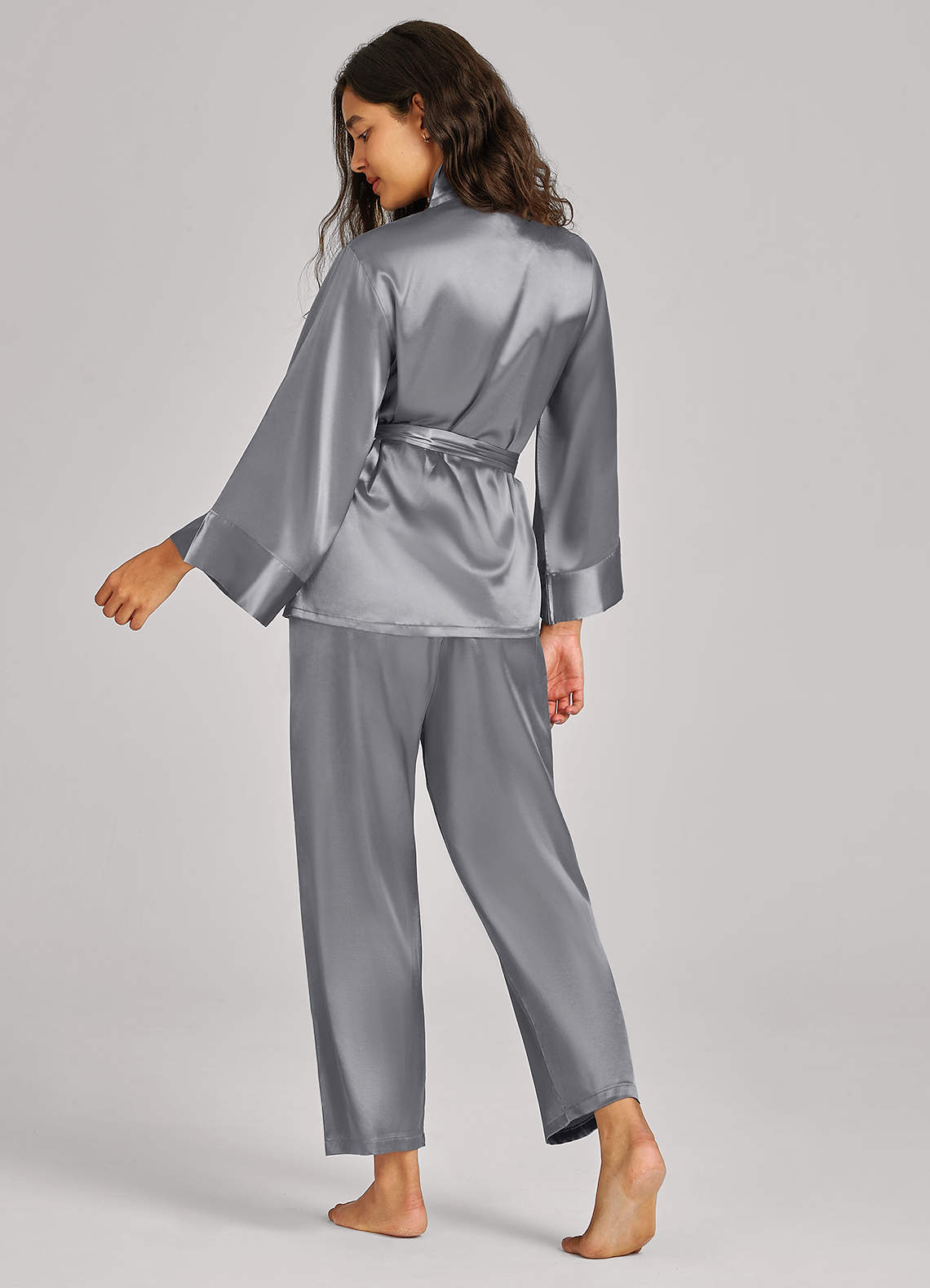 front Matching Color Satin Wrap Front Belted PJ Set