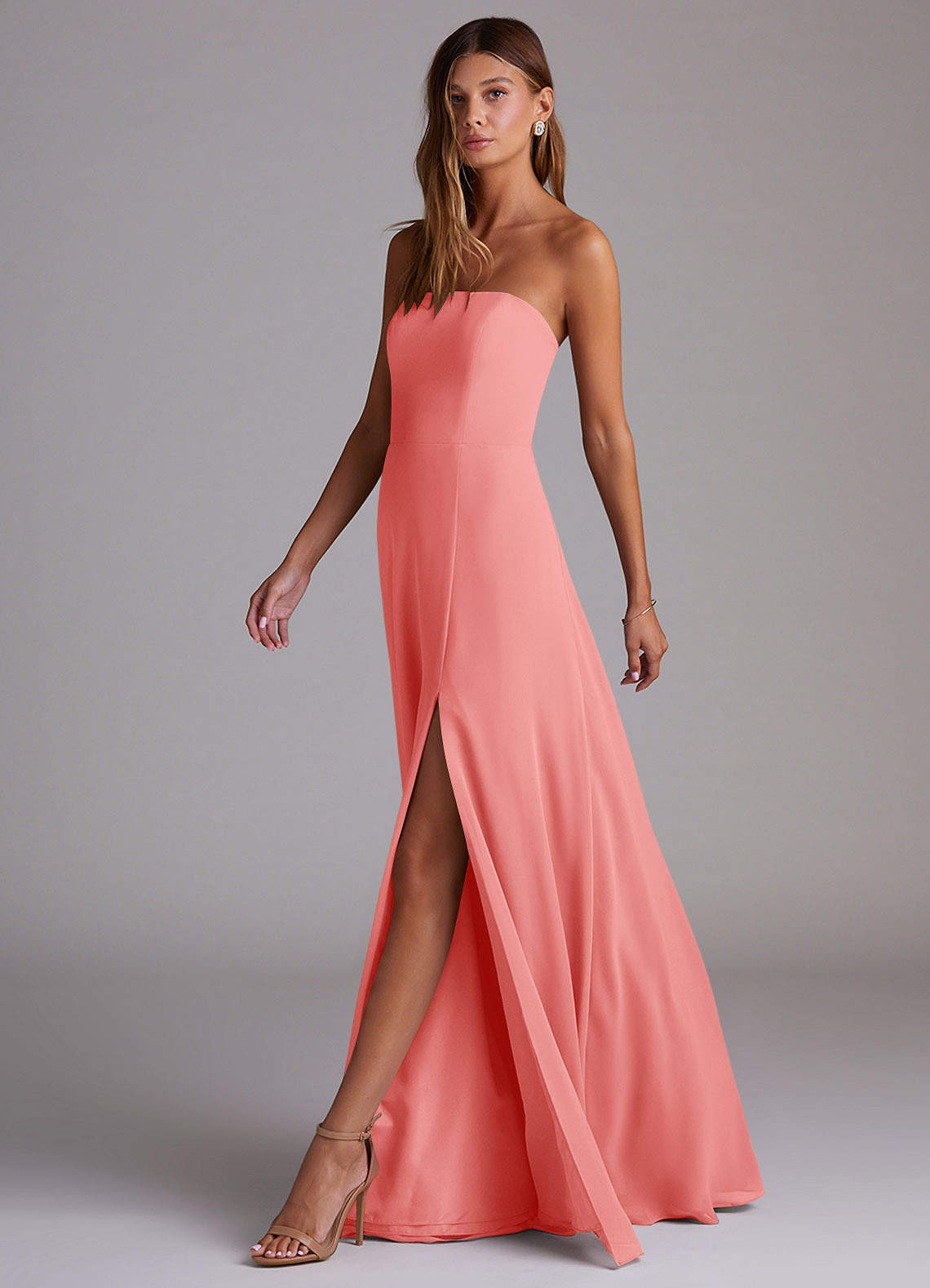 knee length dresses for ladies Charming Long Chiffon A-Line Halter Coral Bridesmaid Dresses