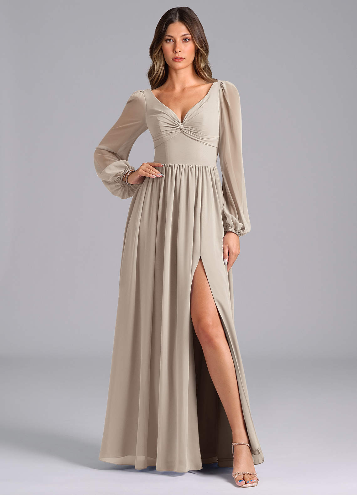 Azazie Zeya Bridesmaid Dresses Frost A-Line Long Sleeve Chiffon Dress image1