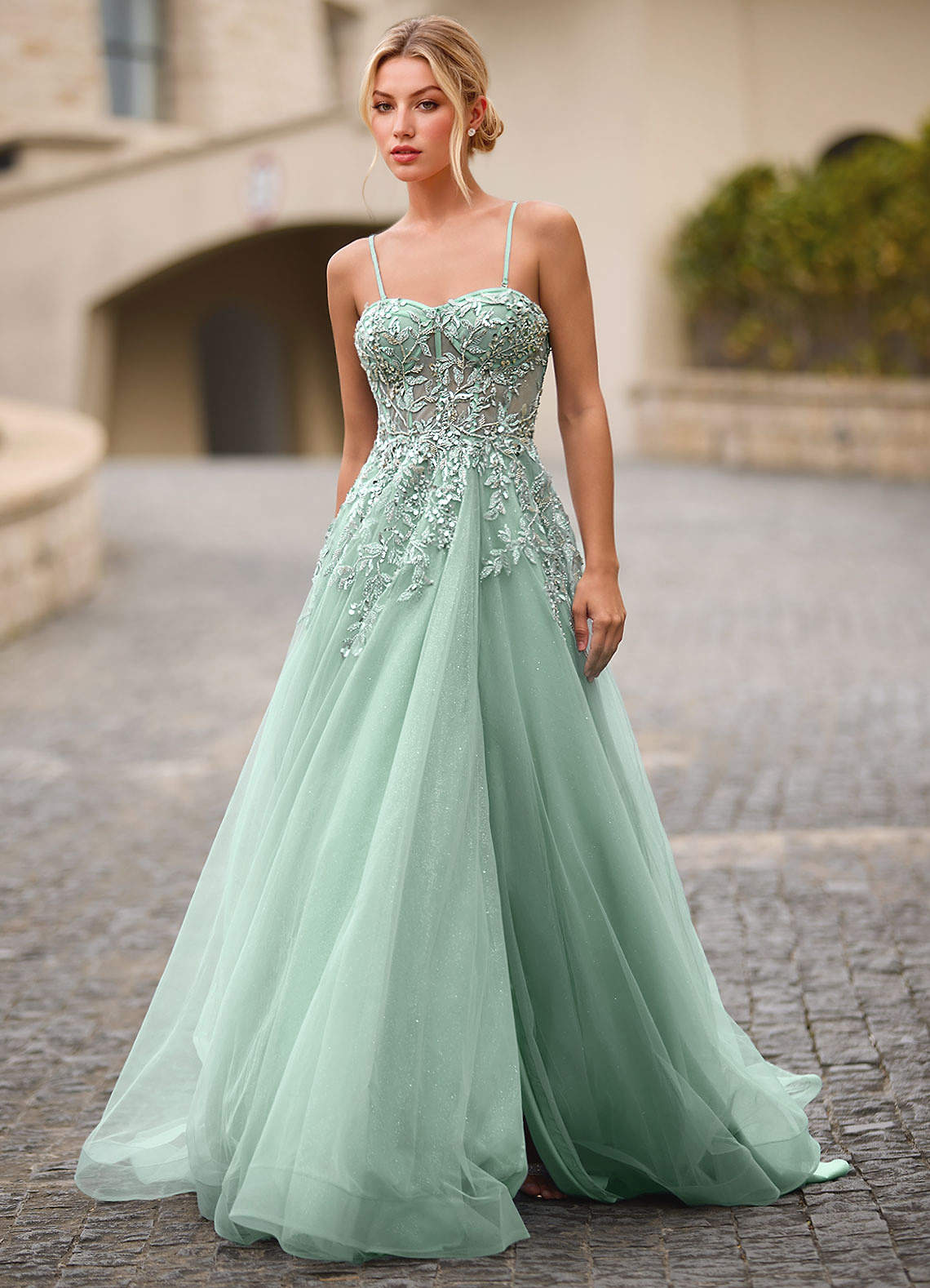 open lace back dress Zapaka Women Long Prom Dress Light Green A-Line Evening Dress with Embroidery, Light Green / US16 main image 0