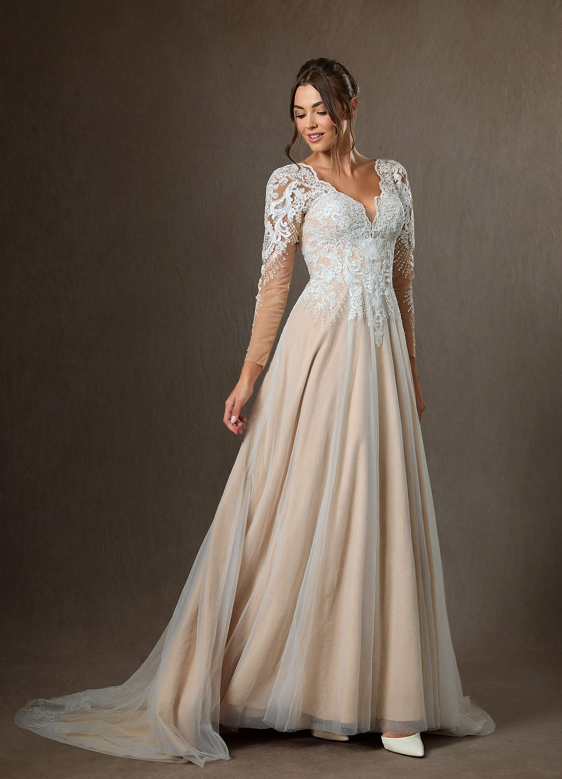 Azazie Essy Wedding Dresses Diamond White Champagne A-Line V-Neck Sequins Tulle Dress image4