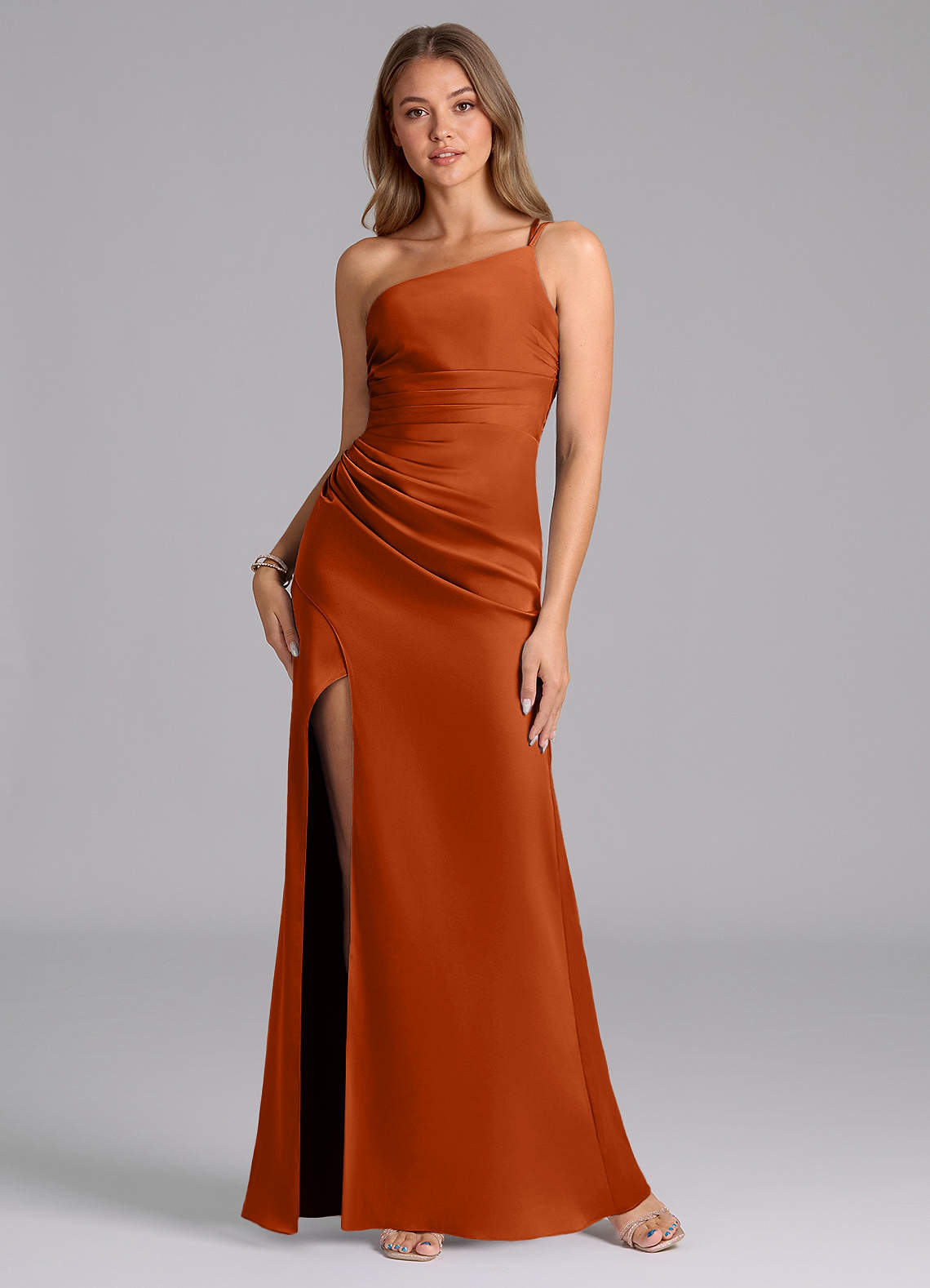Azazie Eren Robes de demoiselle d'honneur Robe Sirène en Satin extensible Ue épaule Orange Brûlée image1