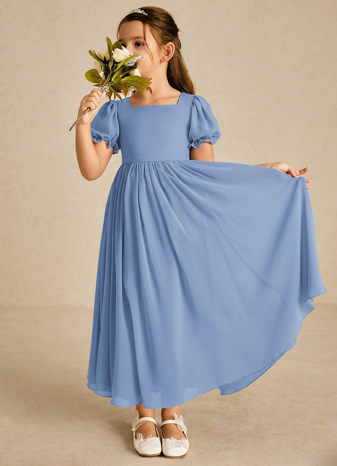 Azazie Joss Flower Girl Dresses Steel Blue A-Line with Sleeves Chiffon Dress image1