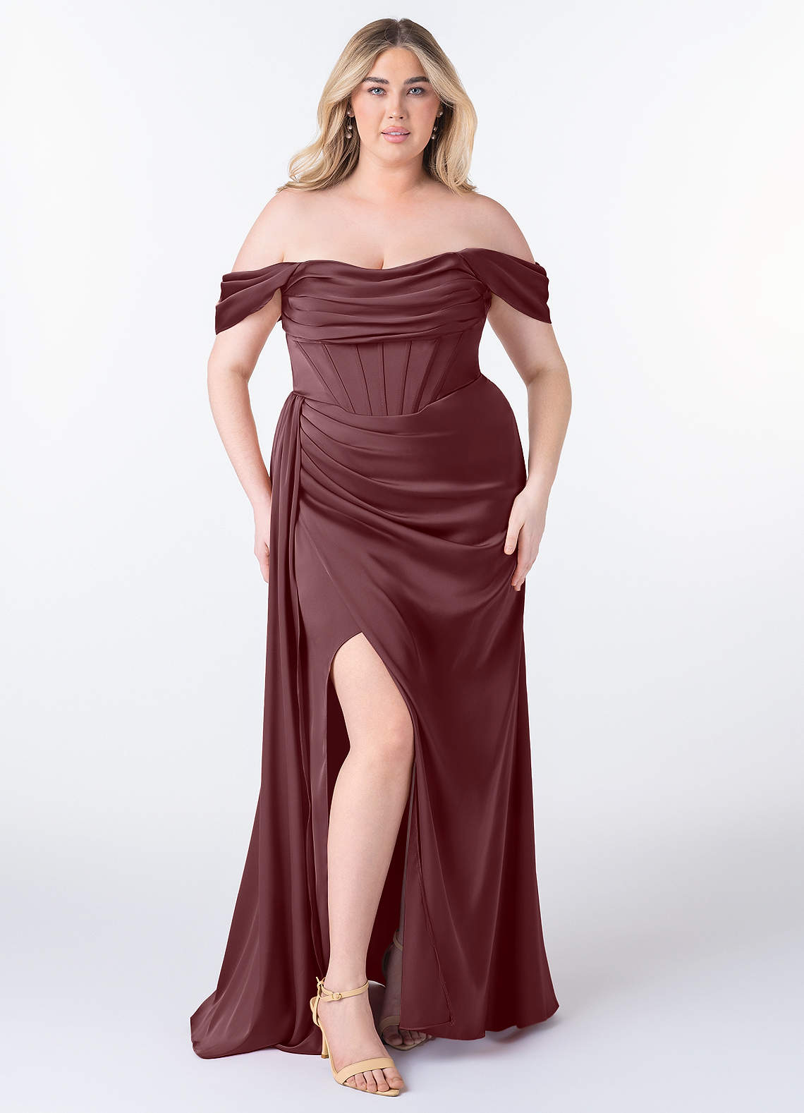 Azazie Amyra Bridesmaid Dresses Sangria Sheath Off the Shoulder Stretch Satin Convertible Dress image1