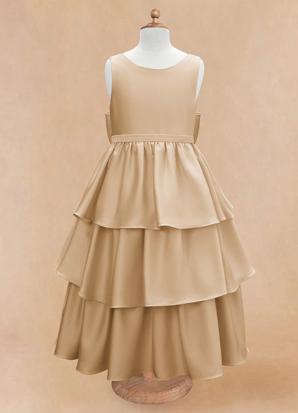 Azazie Margie Flower Girl Dresses Champagne A-Line Bow Stretch Satin Dress image2