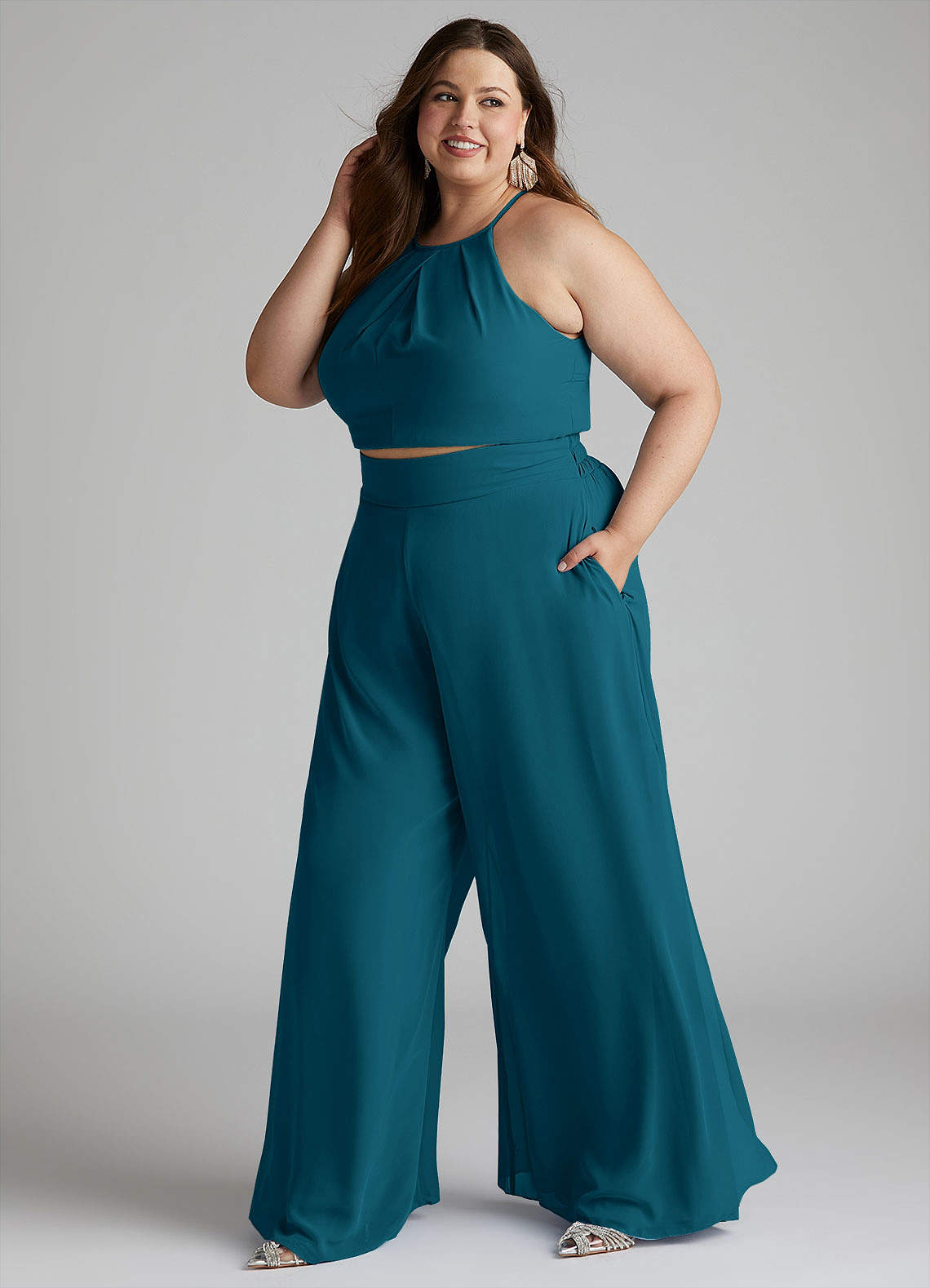 Azazie Kenzi Robes de demoiselle d'honneur Combinaison en Mousseline de soie Plissée Bleu Encre image1