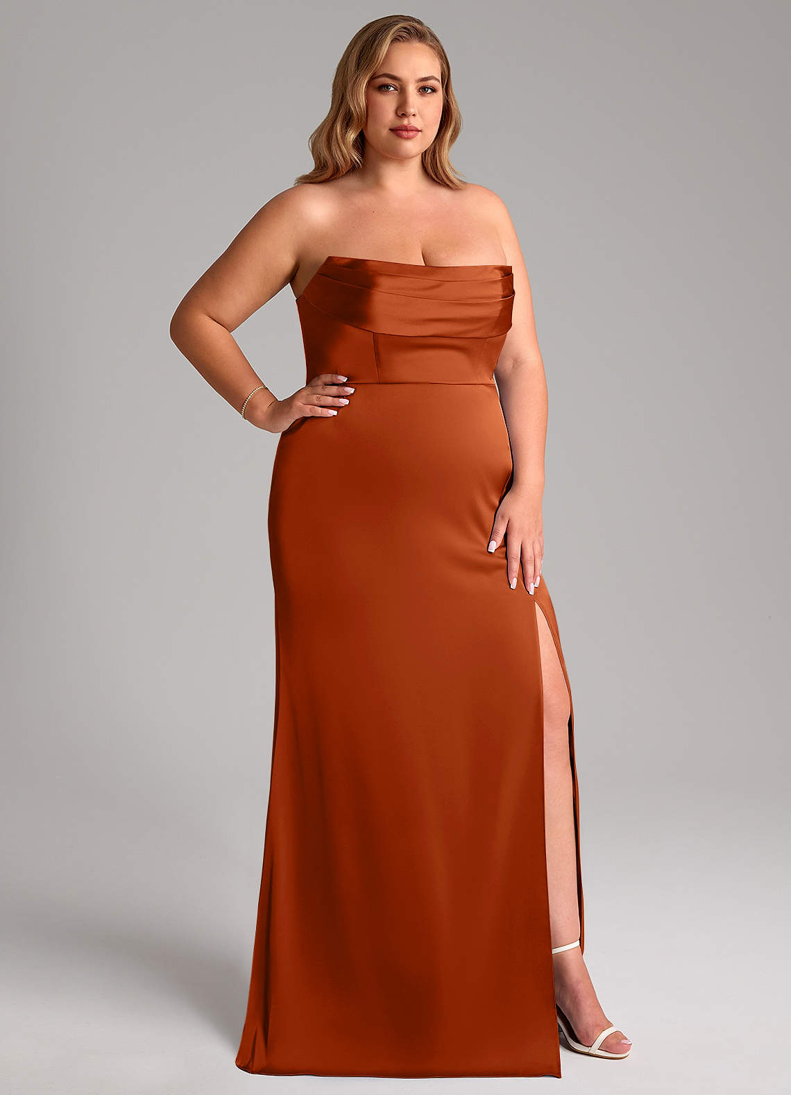 Azazie Saige Bridesmaid Dresses Burnt Orange Sheath Off the Shoulder Stretch Satin Dress image16