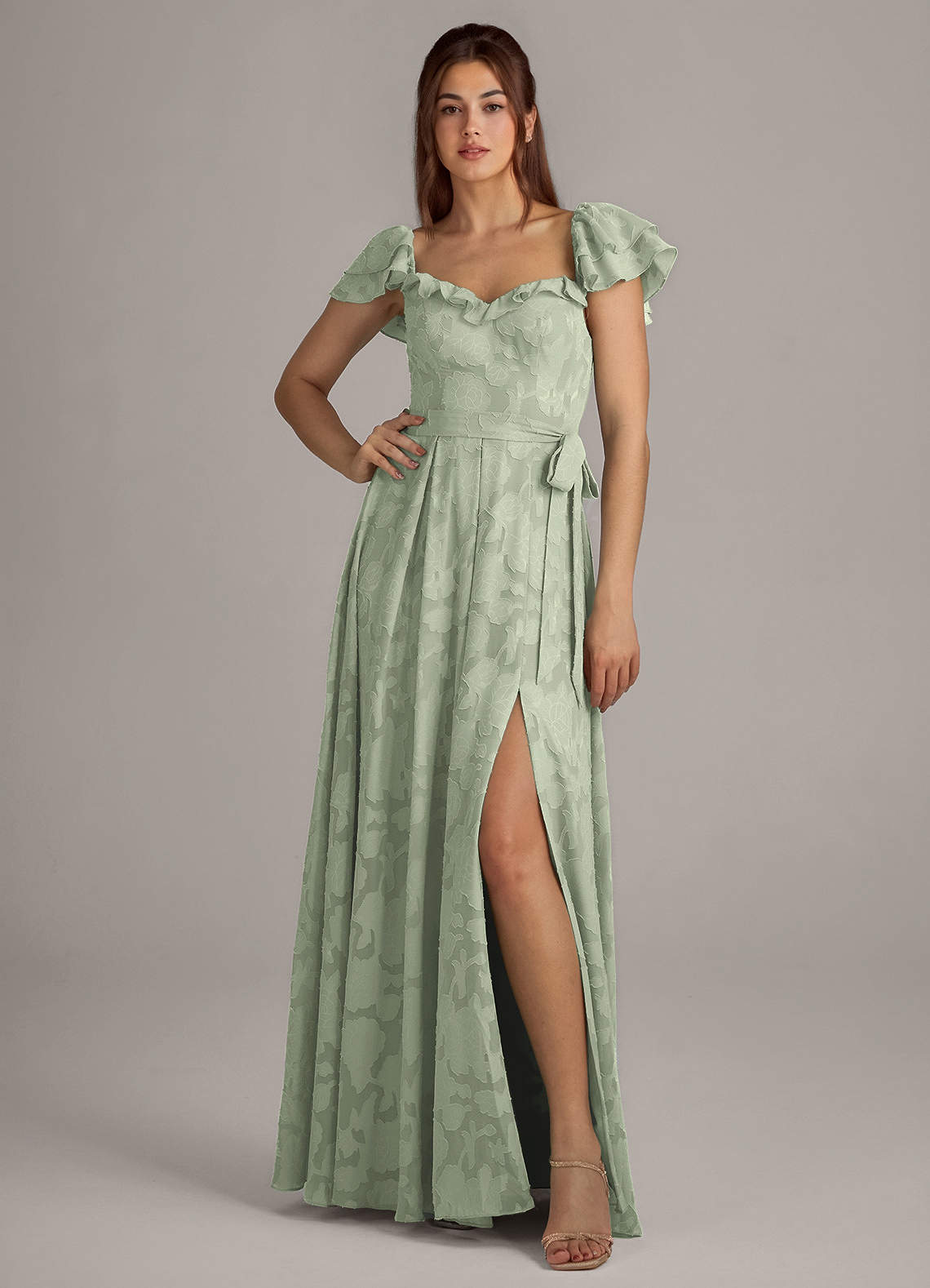 corset bridesmaid dress with sleeves Lavender Floral Corset Ruffled Long Bridesmaid Dress with Slit