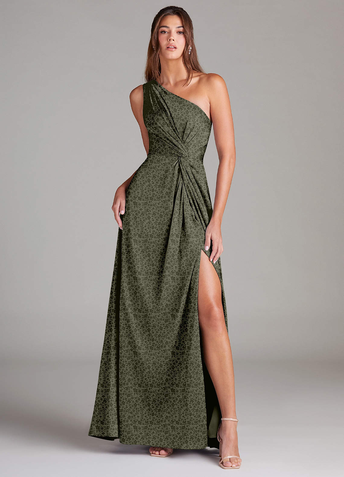 Azazie Brooke Bridesmaid Dresses Willow Green Petite Garden Floral A-Line One Shoulder Stretch Satin Dress image1