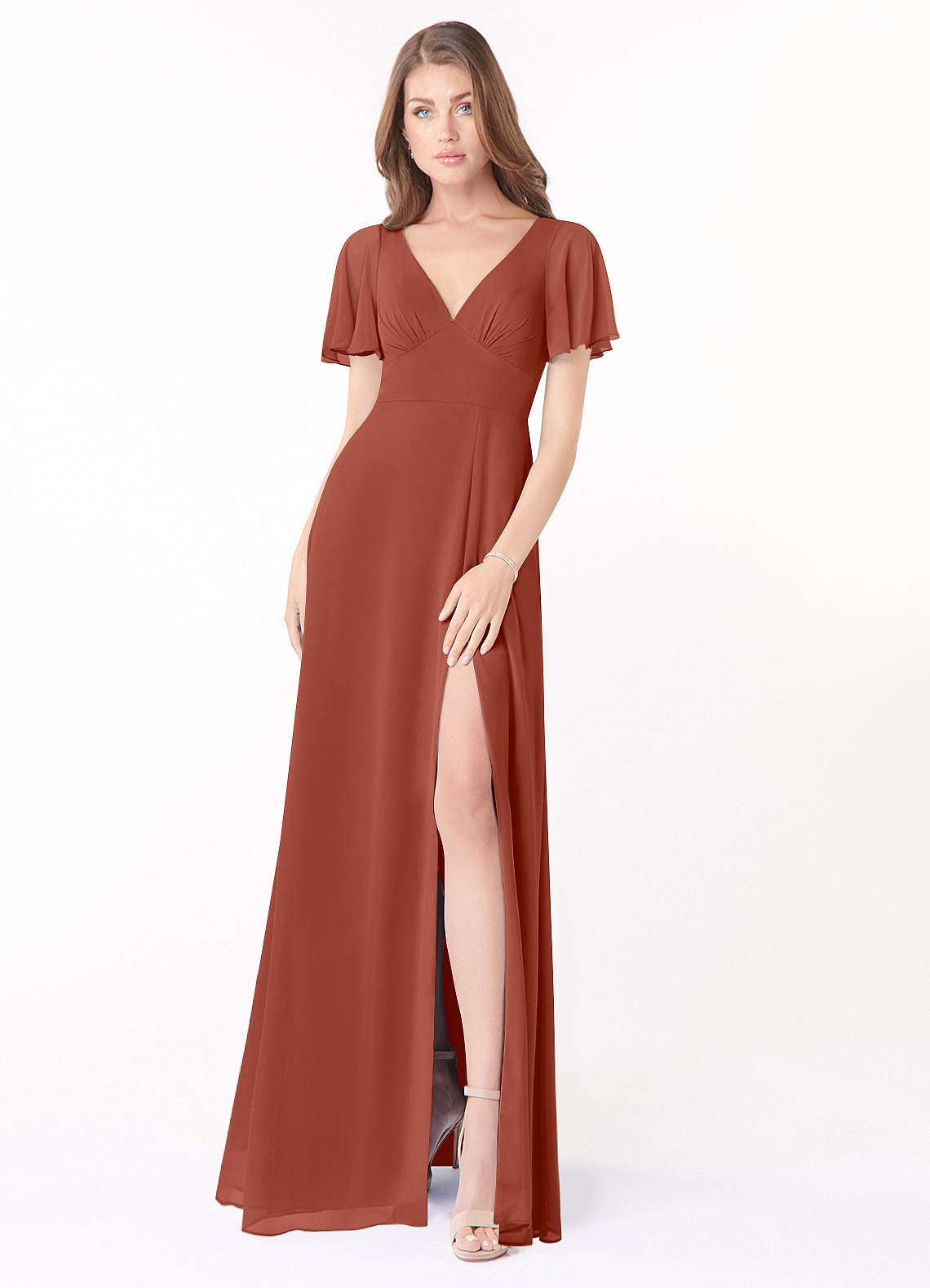 Azazie Kimber Bridesmaid Dresses Auburn A-Line Flounce Sleeve Chiffon Dress image1