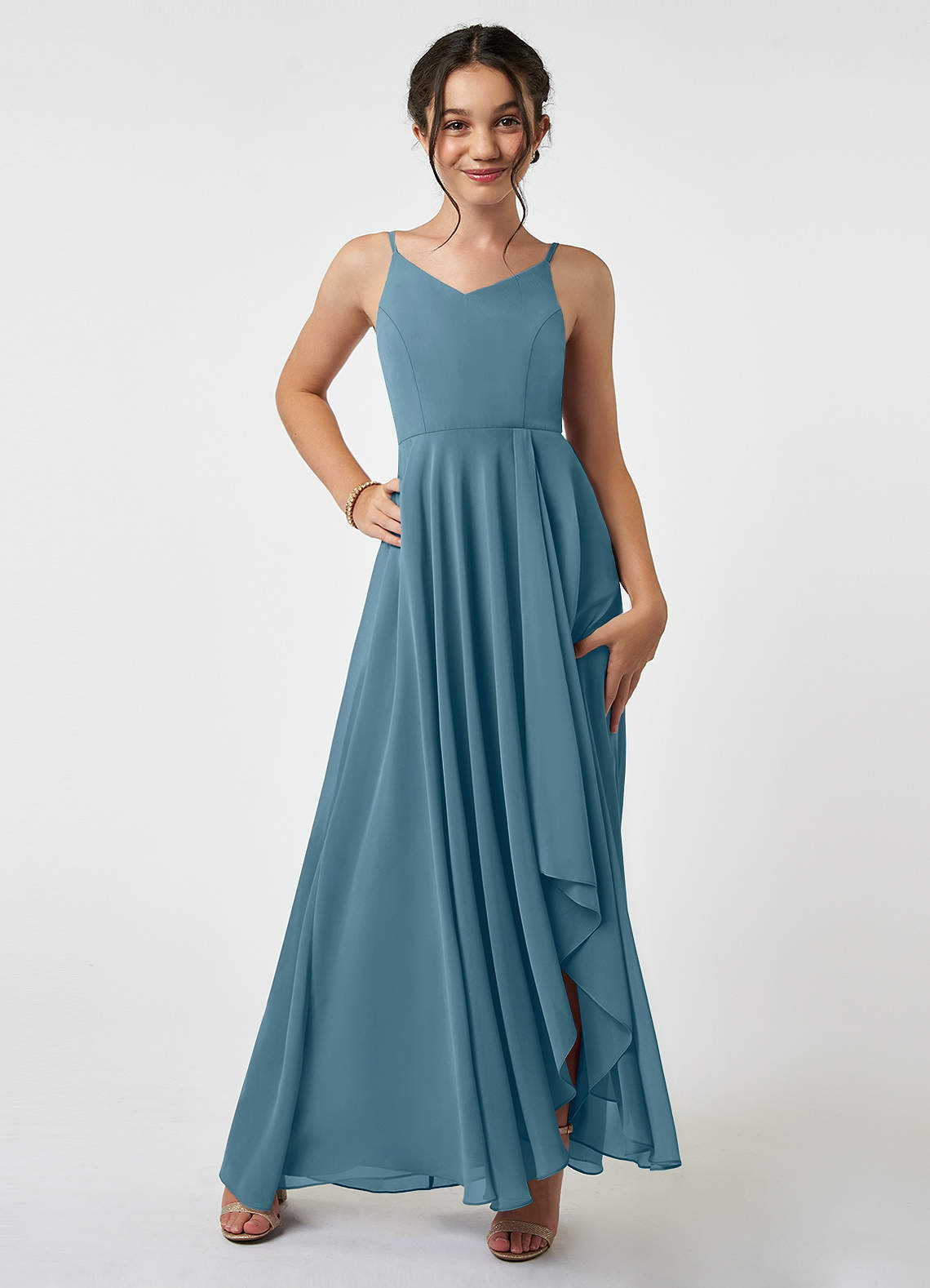 Azazie Collette Junior A-Linie Gestreift Chiffon Kleid Bermudablau image1