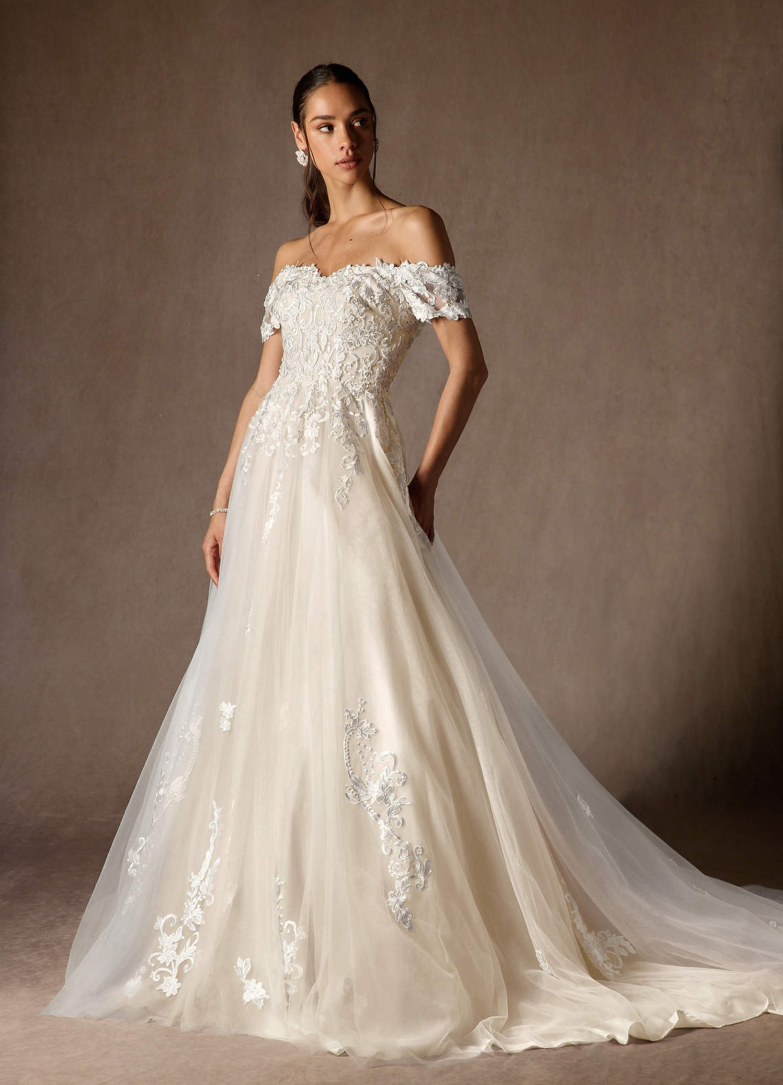 Azazie Rowe Wedding Dresses Diamond White Champagne Ball-Gown Off the Shoulder Tulle Dress image4