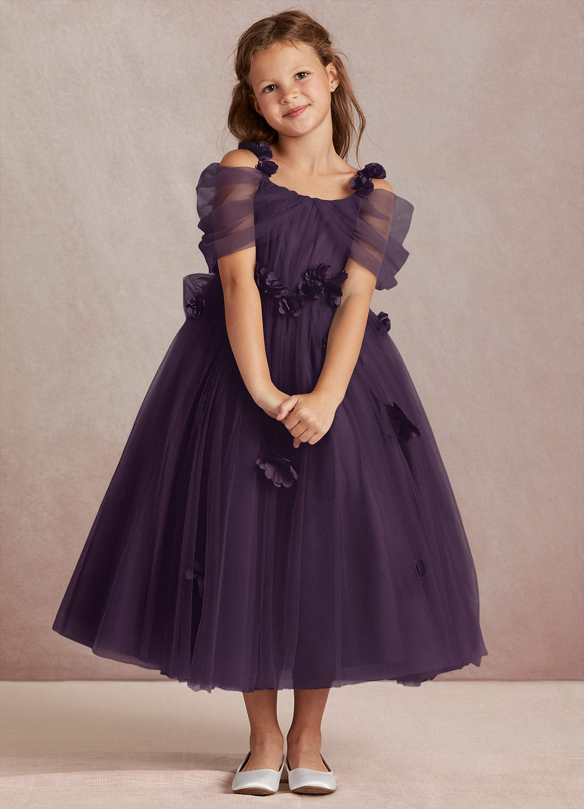 Azazie Shaylee Flower Girl Dresses Plum A-Line Off the Shoulder Tulle Dress image1