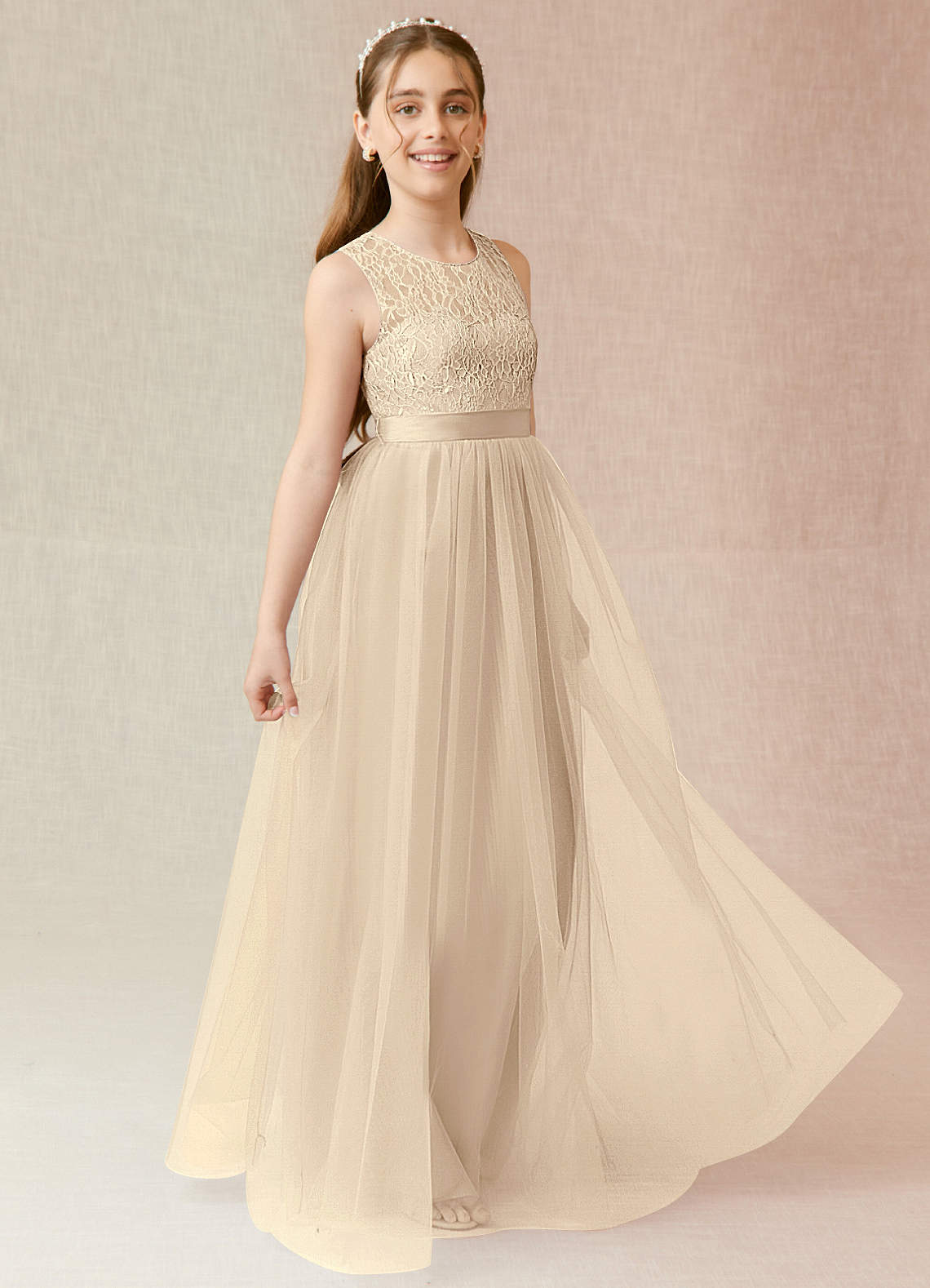 Azazie Georgette Junior Champagne A-Line Lace Tulle Dress image3