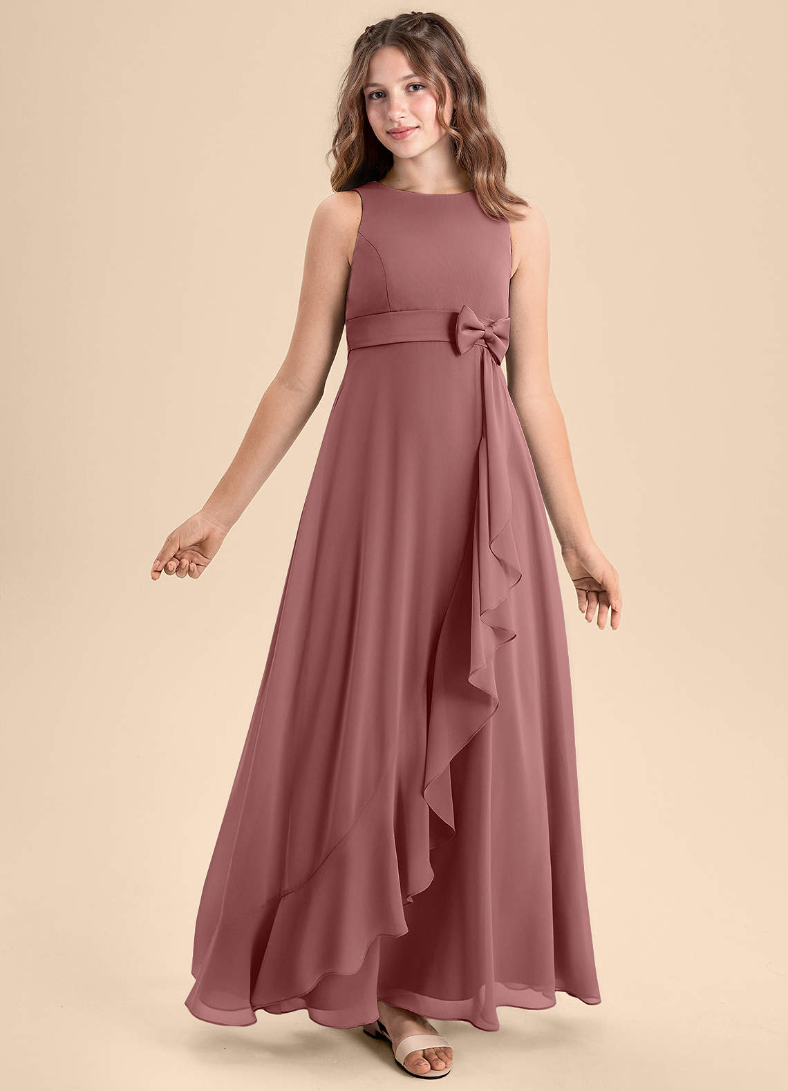Azazie Lilenne Junior Vestido de Rosa Del Desierto de Gasa de Corte En A con Lazo image1