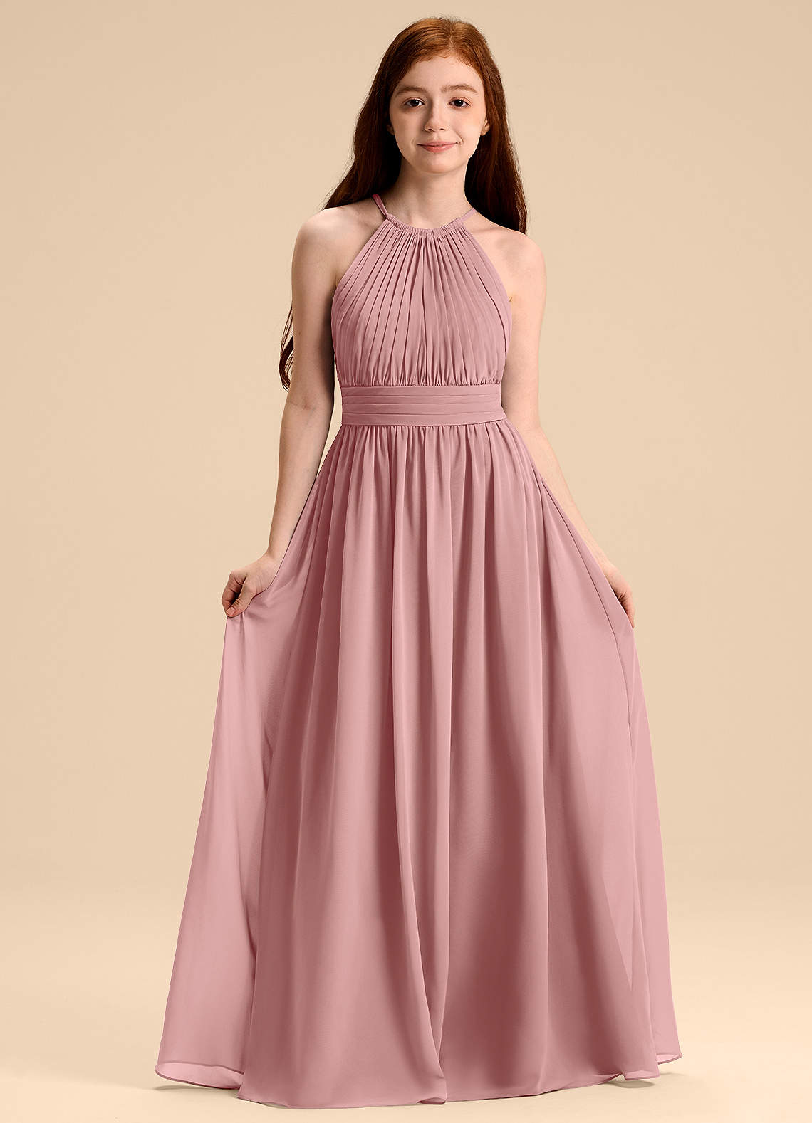 Azazie Malone Junior Robe Trapèze en Mousseline de soie Plissée Rose Poussiéreuse image1