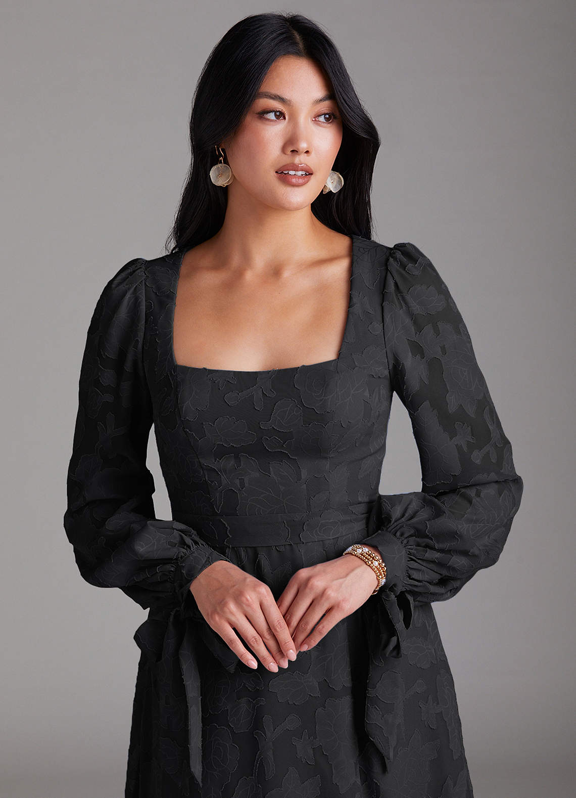 Azazie Leonia Bridesmaid Dresses Black A-Line Long Sleeve Floral Burnout Dress image5