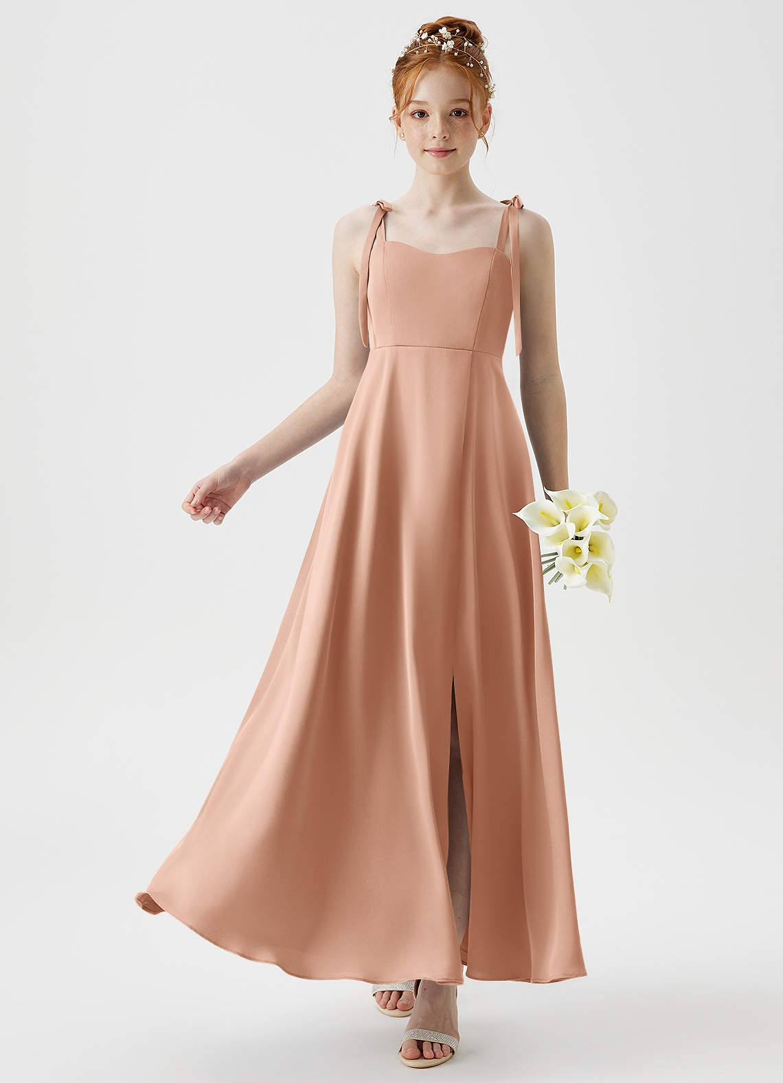 Azazie Rosey Junior Robe Trapèze en Satin extensible Encolure en Forme de Cœur Or Rose image1