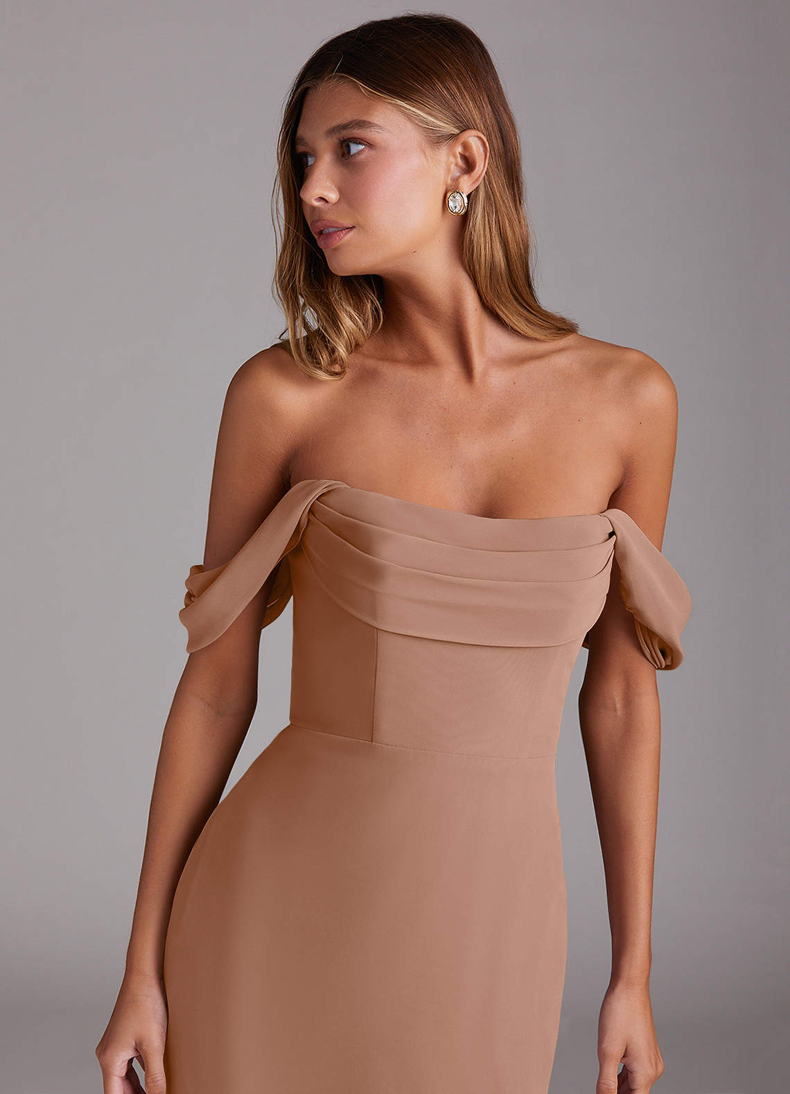 Azazie Saige Bridesmaid Dresses Champagne Rose A-Line Off the Shoulder Chiffon Convertible Dress image4