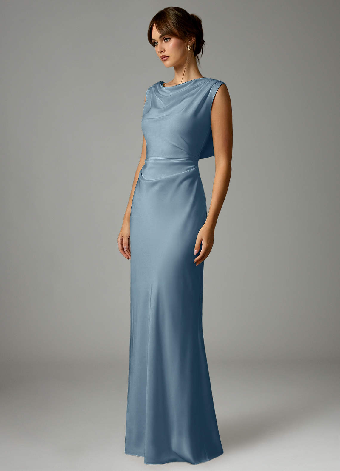 Azazie Kieryn Robes de demoiselle d'honneur Robe Sirène en Satin extensible Plissée Bleu Poussiéreux image2