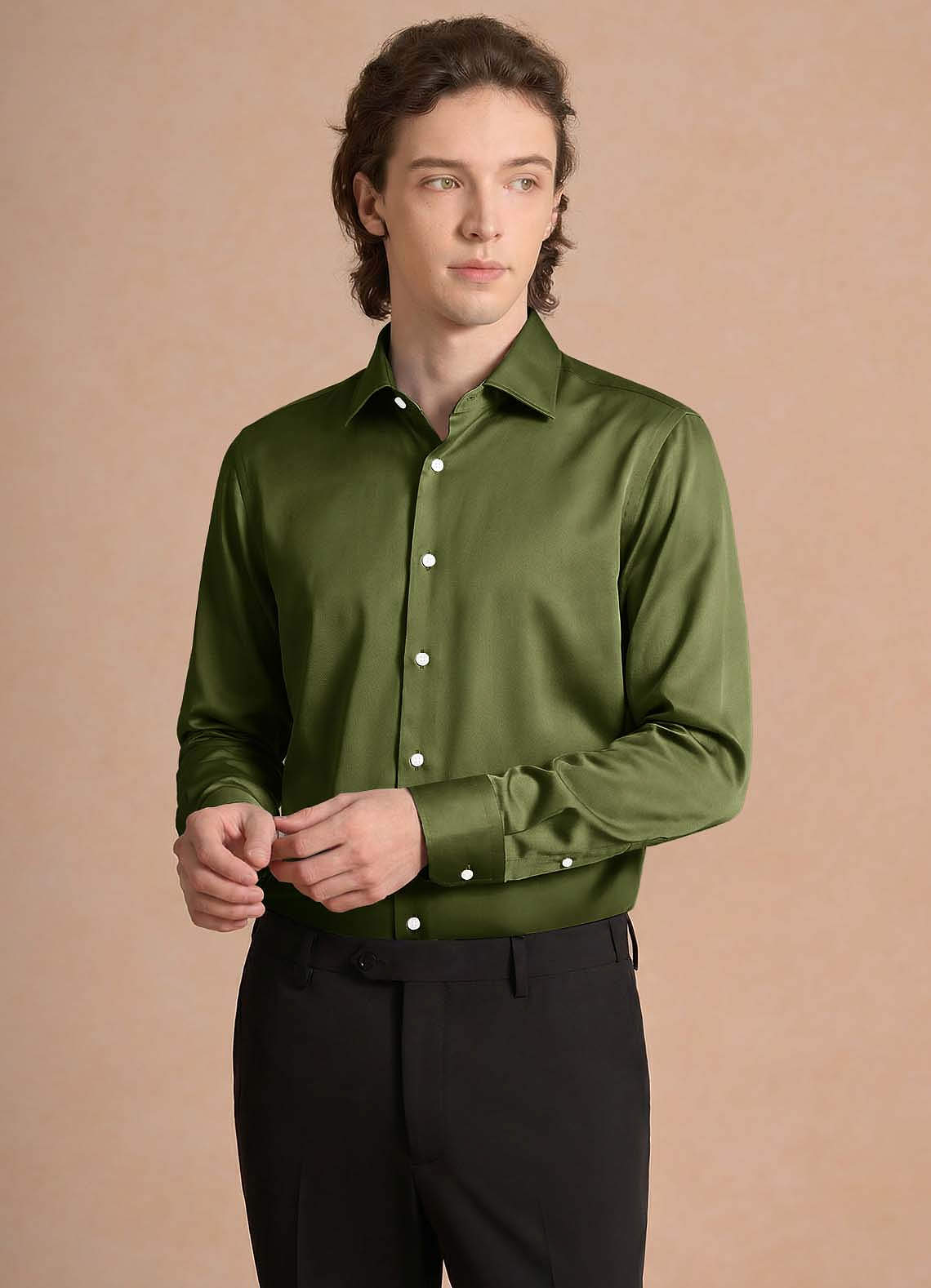 front Julian Olive Chemise habillée en satin stretch